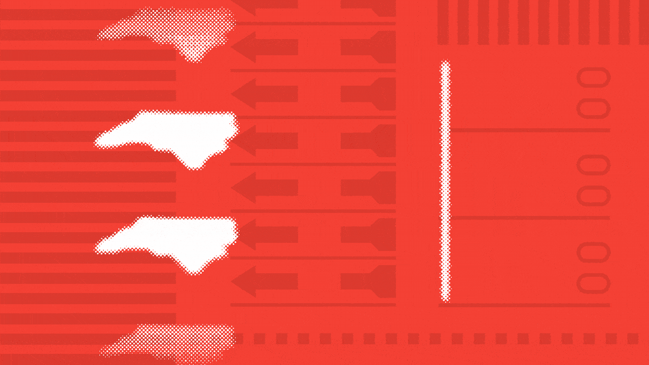 Animated photo illustration of a checkmark rotating to reveal a speaking Donald Trump, with a line of North Carolina state outlines moving downward.