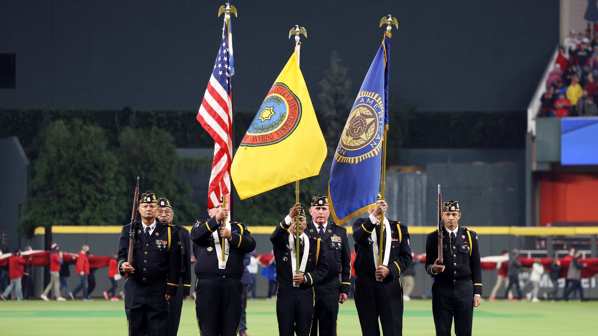 The American Legion Steve Young Deer Post 143, Eastern Band of Cherokee Indians, presents the nation's colors and the EBCI tribal colors during the 2021 World Series.