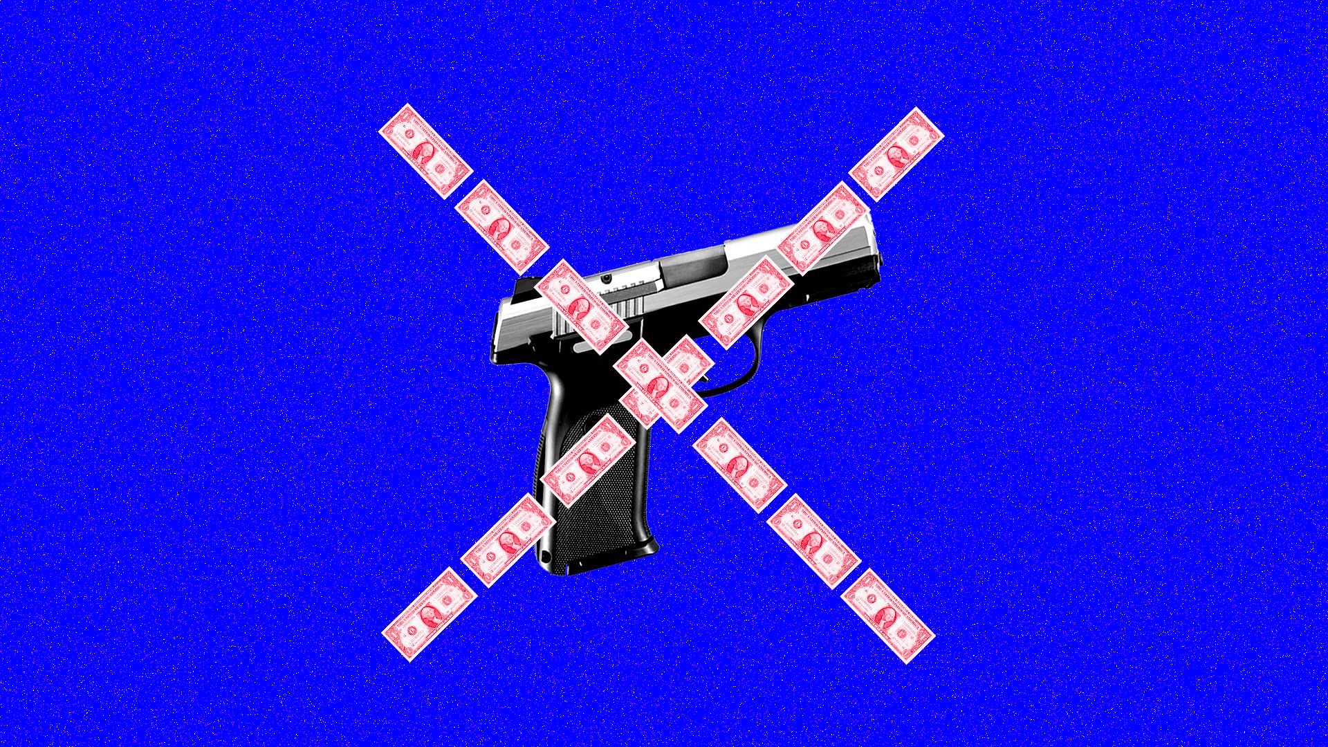 Illustration of money ins the shape of an X over a gun