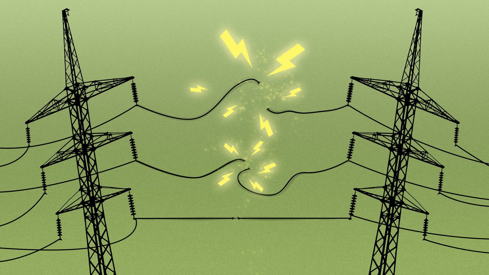Illustration of two power line towers angling away from each other with lines snapping