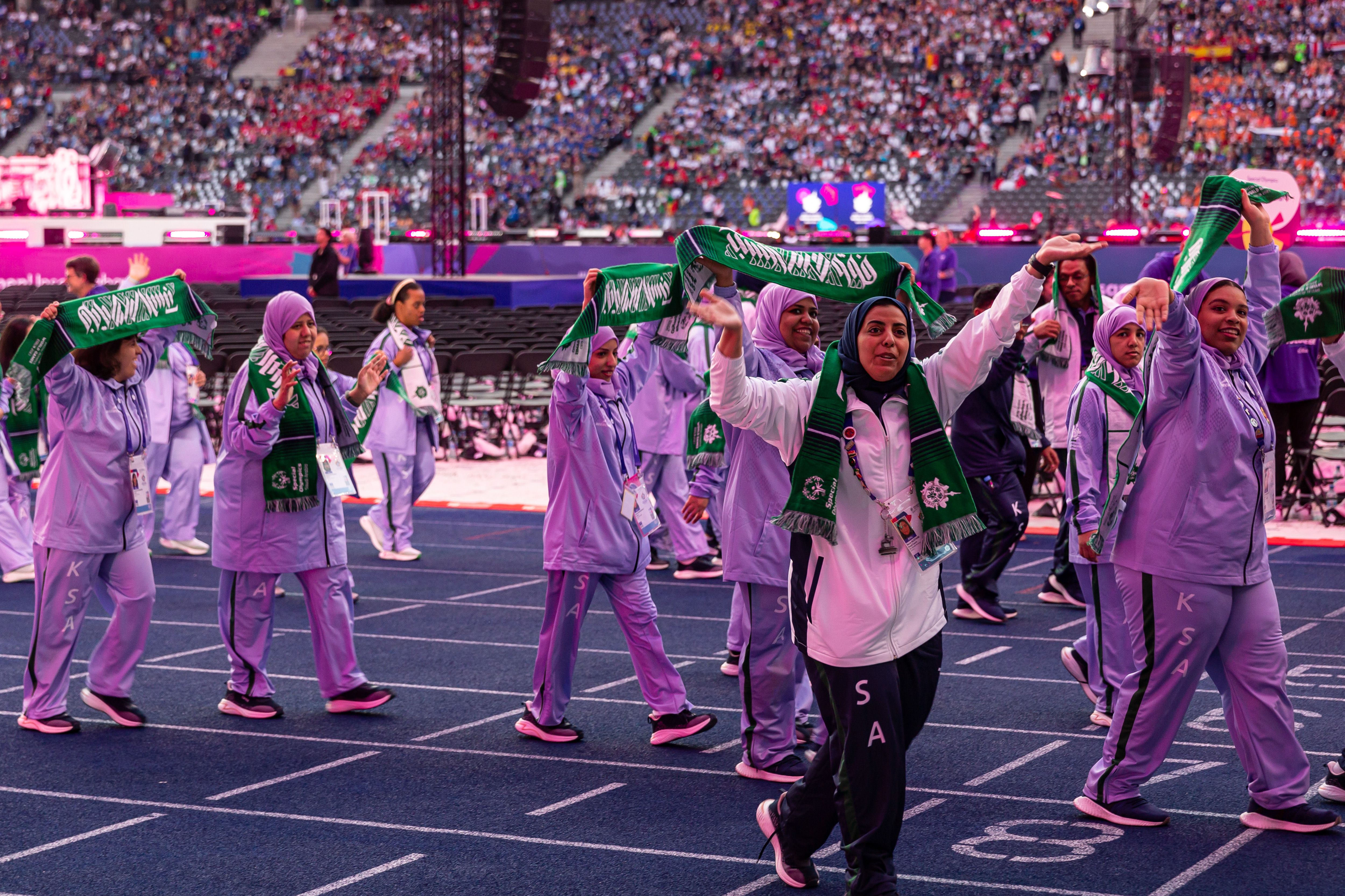 Athletes from Saudi Arabia enter the Olympic Stadium in Berlin, Germany during the Opening Ceremony of the Special Olympics Summer World Games Belin 2023.