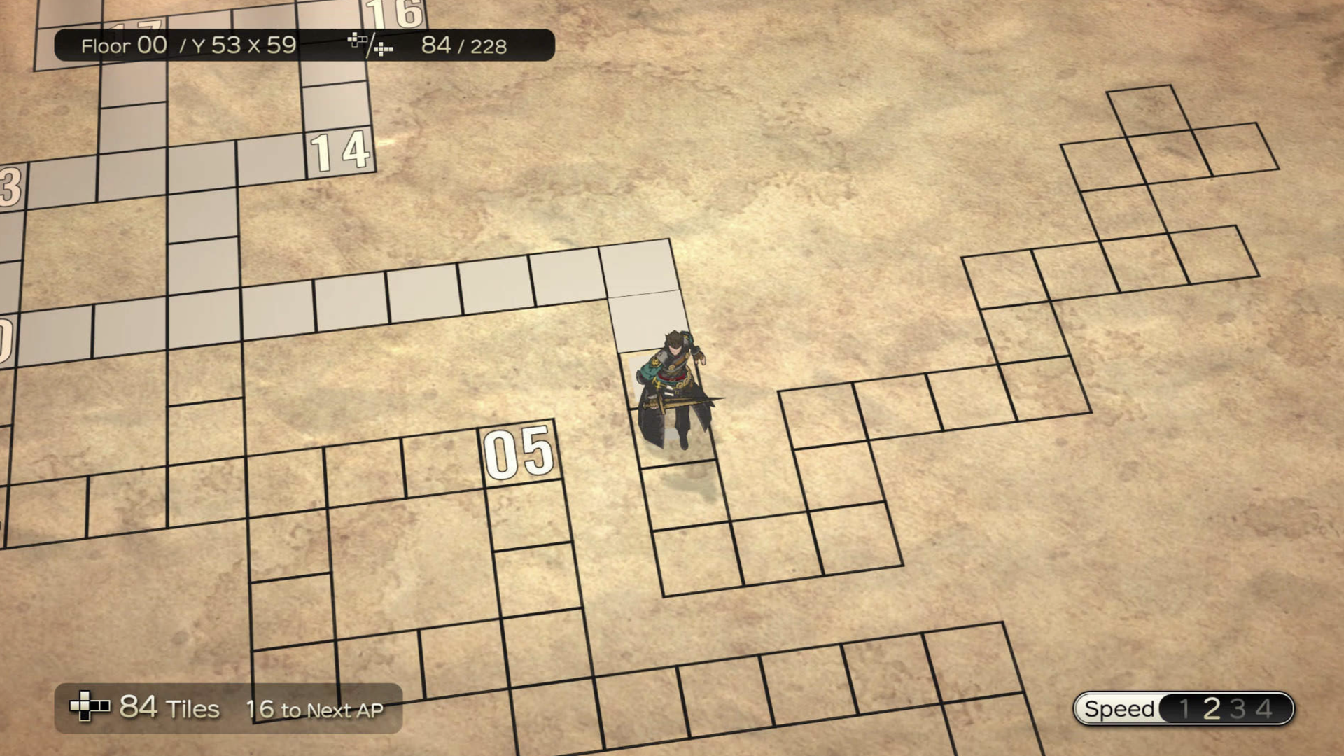 A caped warrior walks across a grid of squares