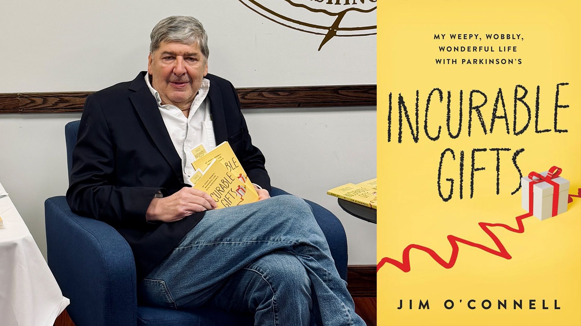 Photo illustration of Jim O'Connell and the "Incurable Gifts" book cover.