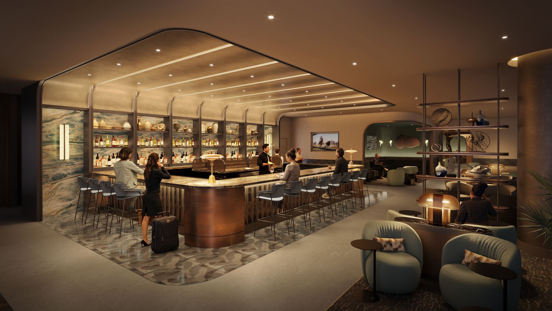 Modern upscale bar and lounge with a long curved copper counter, backlit bottle shelves, and patrons at the bar; marble walls and a cozy seating area to the right.