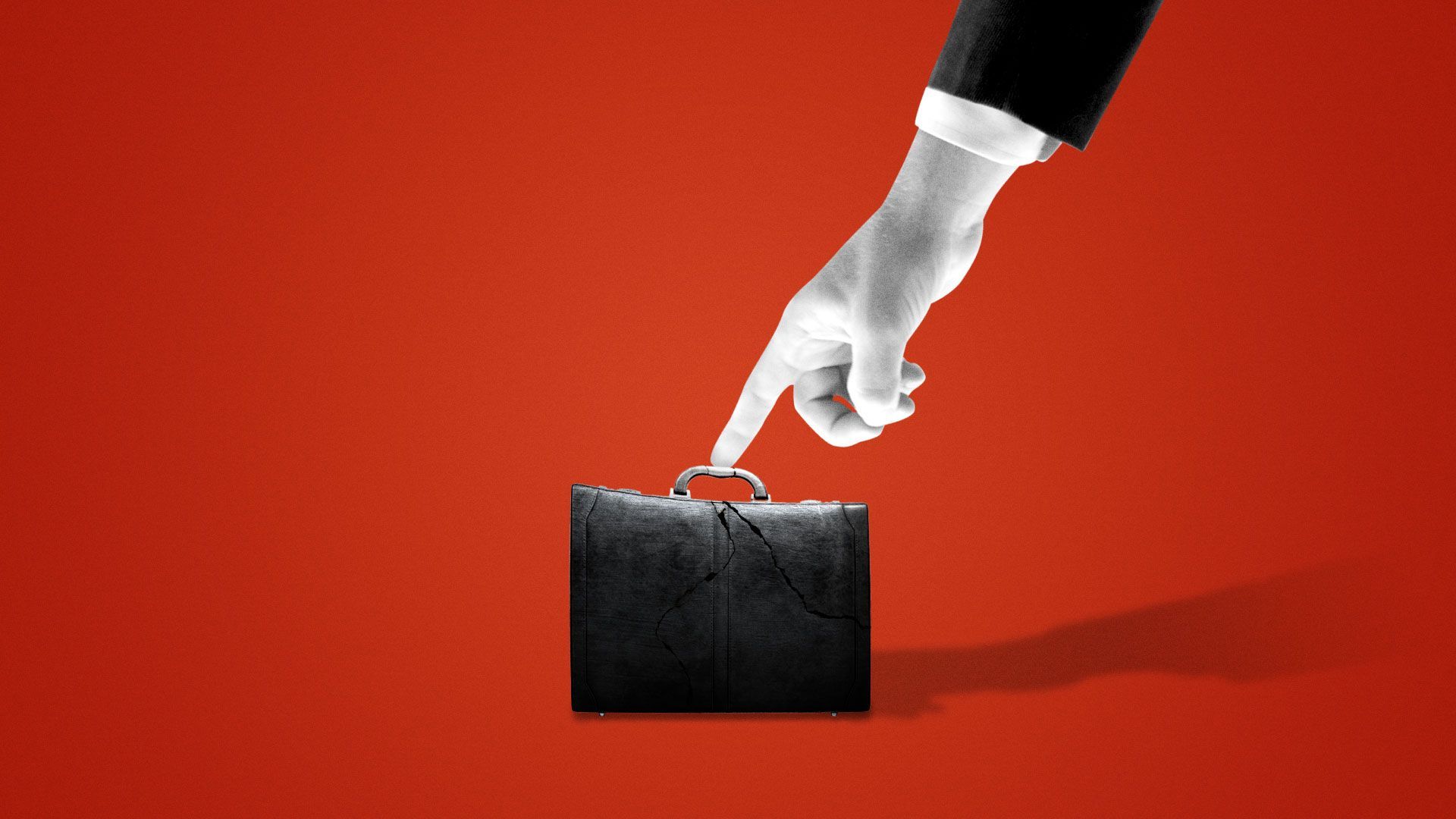 Illustration of a suited hand with its finger pushing down on a cracked briefcase