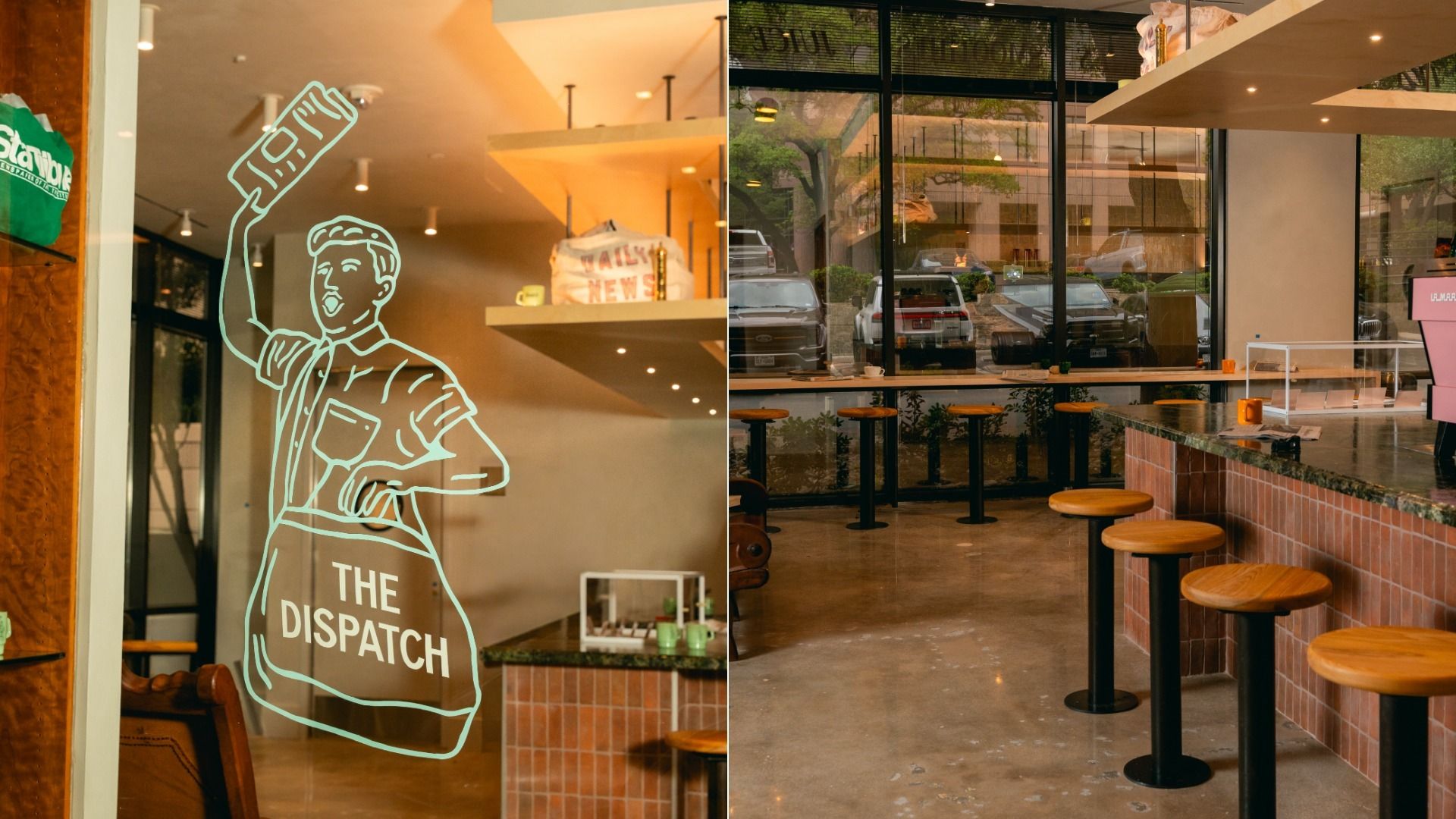 Left: turquoise line drawing on a glass door of a worker raising a spatula with 'THE DISPATCH' written on his apron. Right: a cafe interior with a marble counter, wooden stools, and large storefront windows.