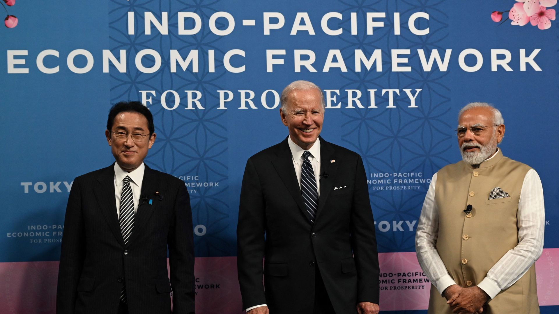 Japan's Prime Minister Fumio Kishida, US President Joe Biden, and India's Prime Minister Narendra Modi attend the Indo-Pacific Economic Framework for Prosperity