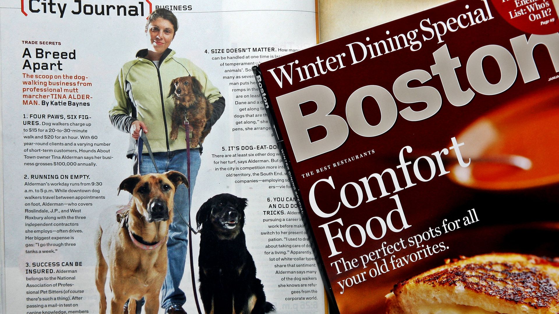 A 2010 photo of a Boston Magazine cover, on the left showing the inside of the magazine with a story on dog-walking, on the right the cover of the winter dining special