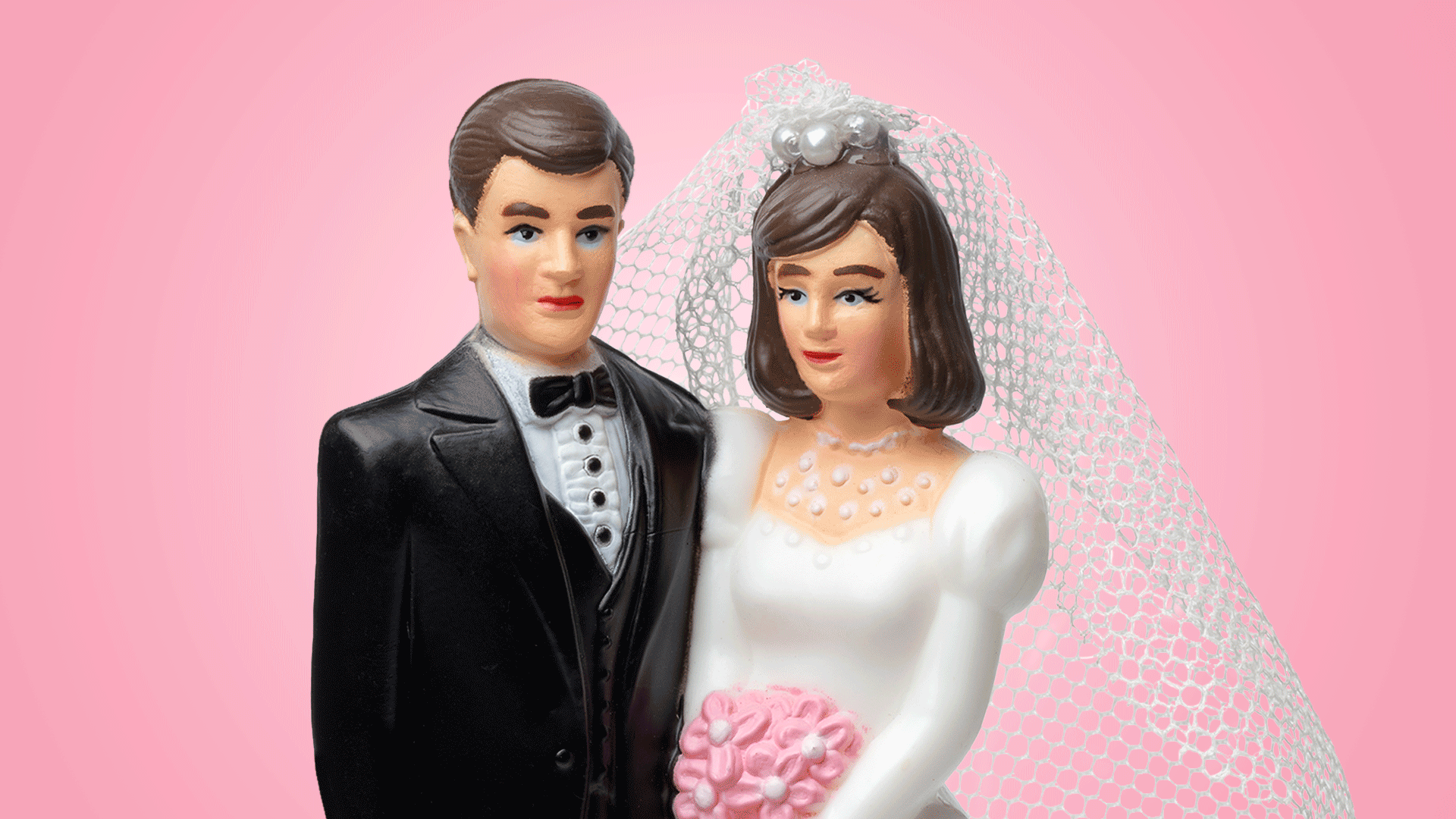 Illustration of a wedding cake topper couple with eyes shifting from side to side