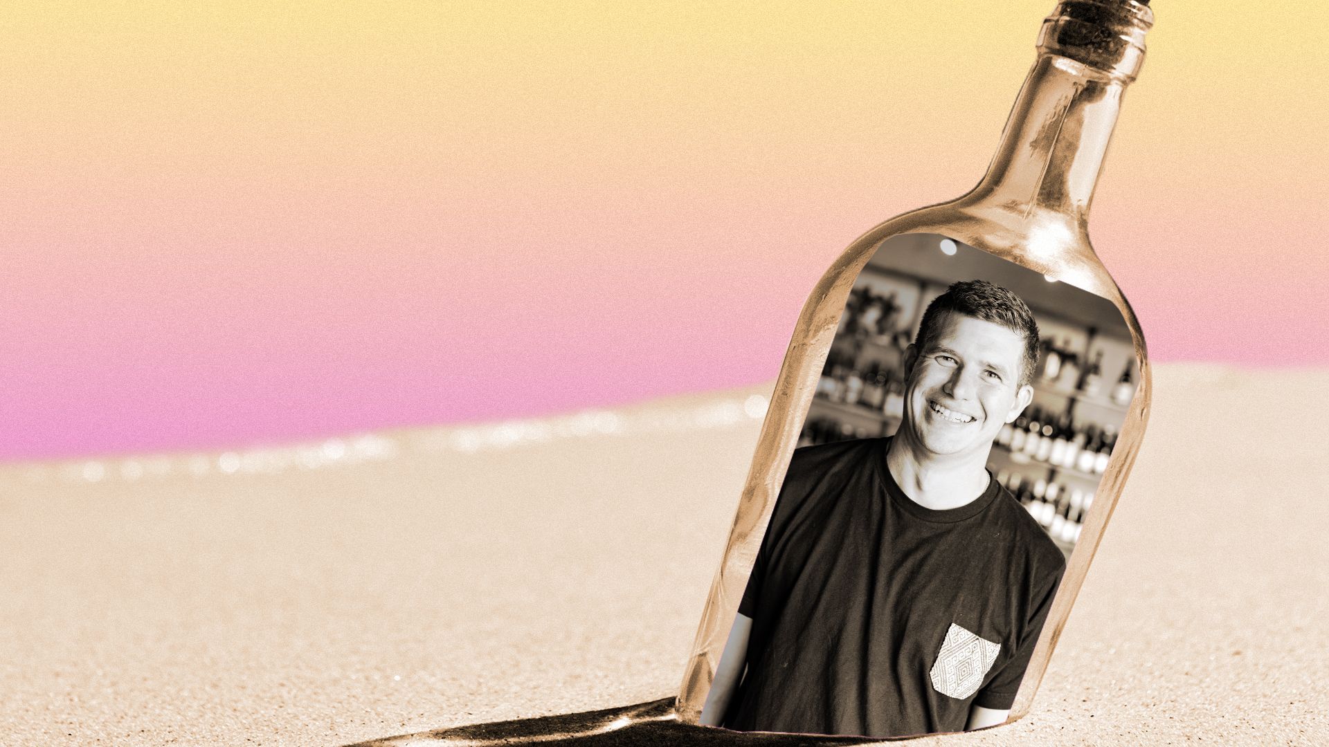Photo Illustration of Grant Richardson inside a bottle on a beach.