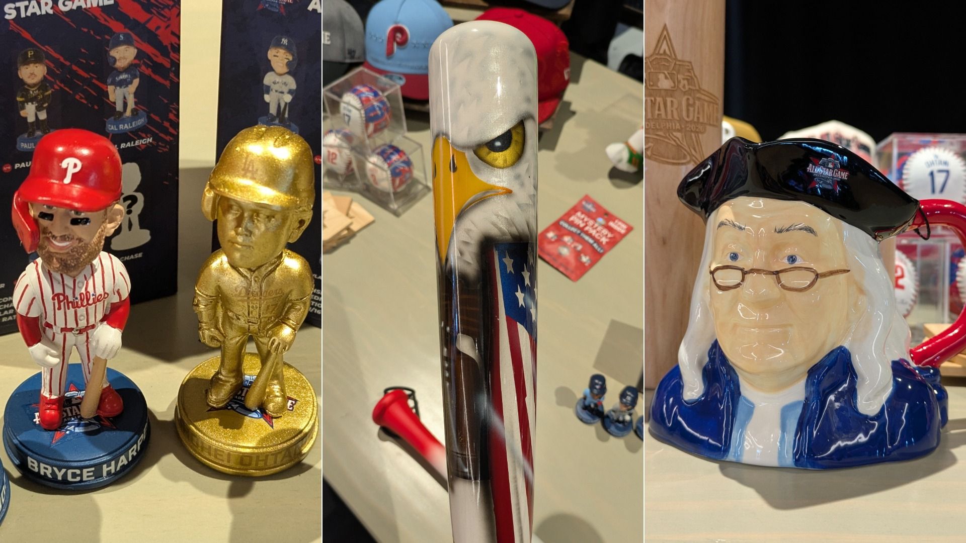 Collage of baseball memorabilia: left a red Phillies cap bobblehead with a gold figurine; center a tall bat with an eagle and U.S. flag; right mug of a man with glasses and a black All-Star hat.