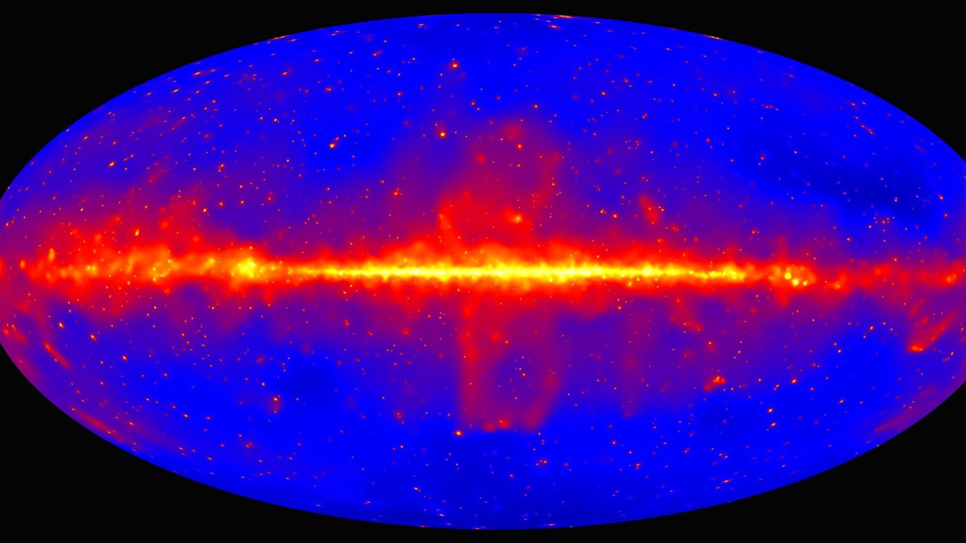 Constructed using nine years of observations by Fermi’s Large Area Telescope, this map shows how the gamma-ray sky appears at energies above 10 billion electron volts.