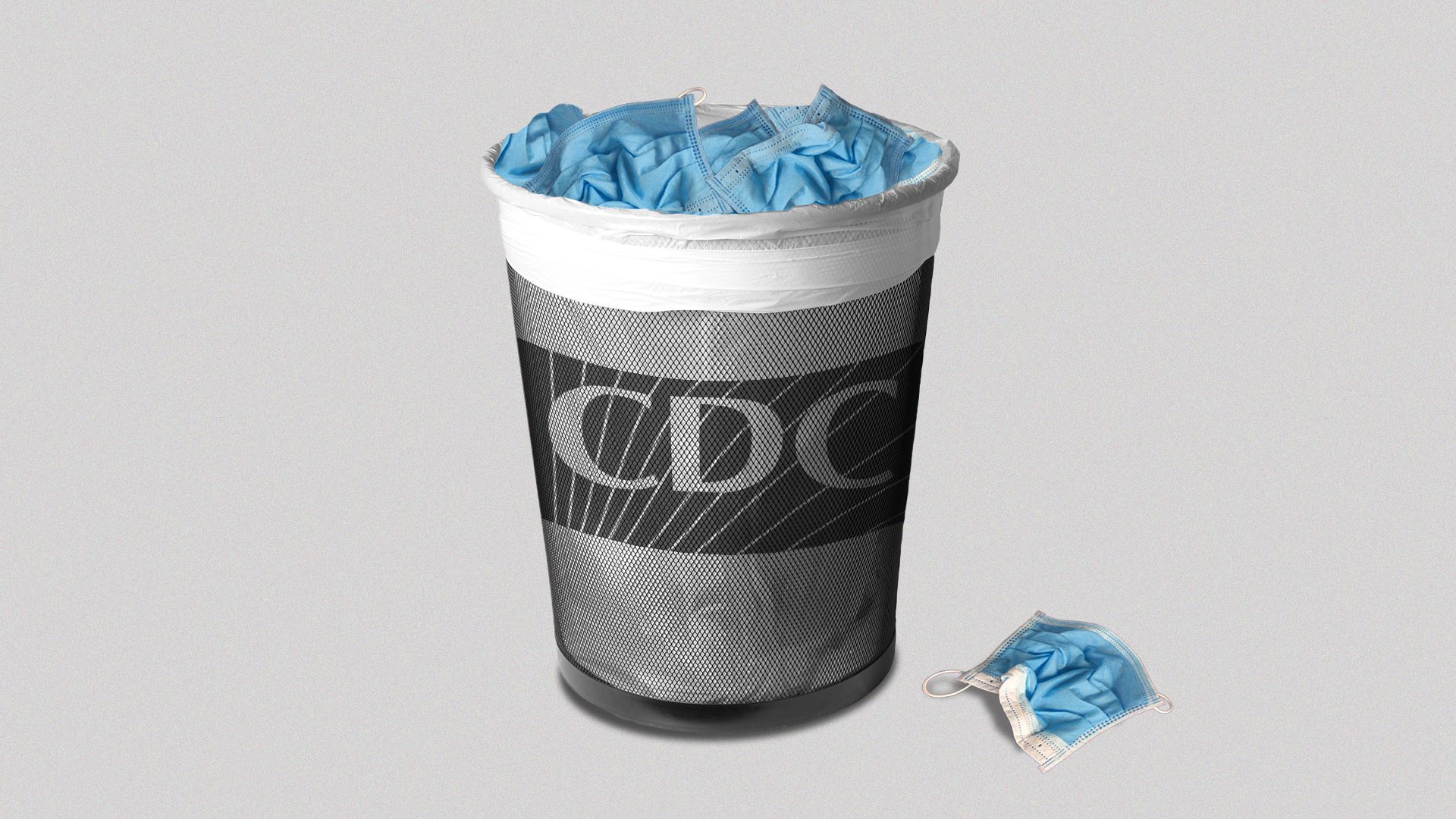 Illustration of a trash can with the CDC logo, filled with blue surgical masks.