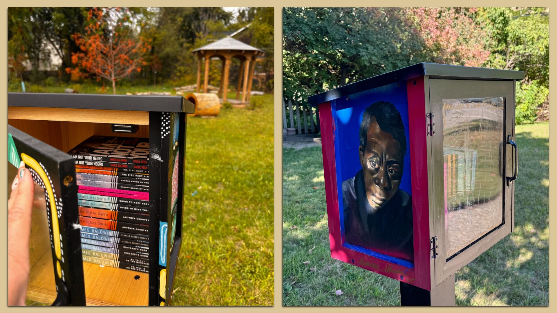A small outdoor free library painted with a portrait of James Baldwin. In another photo, an open free library box shows James Baldwin books inside. 