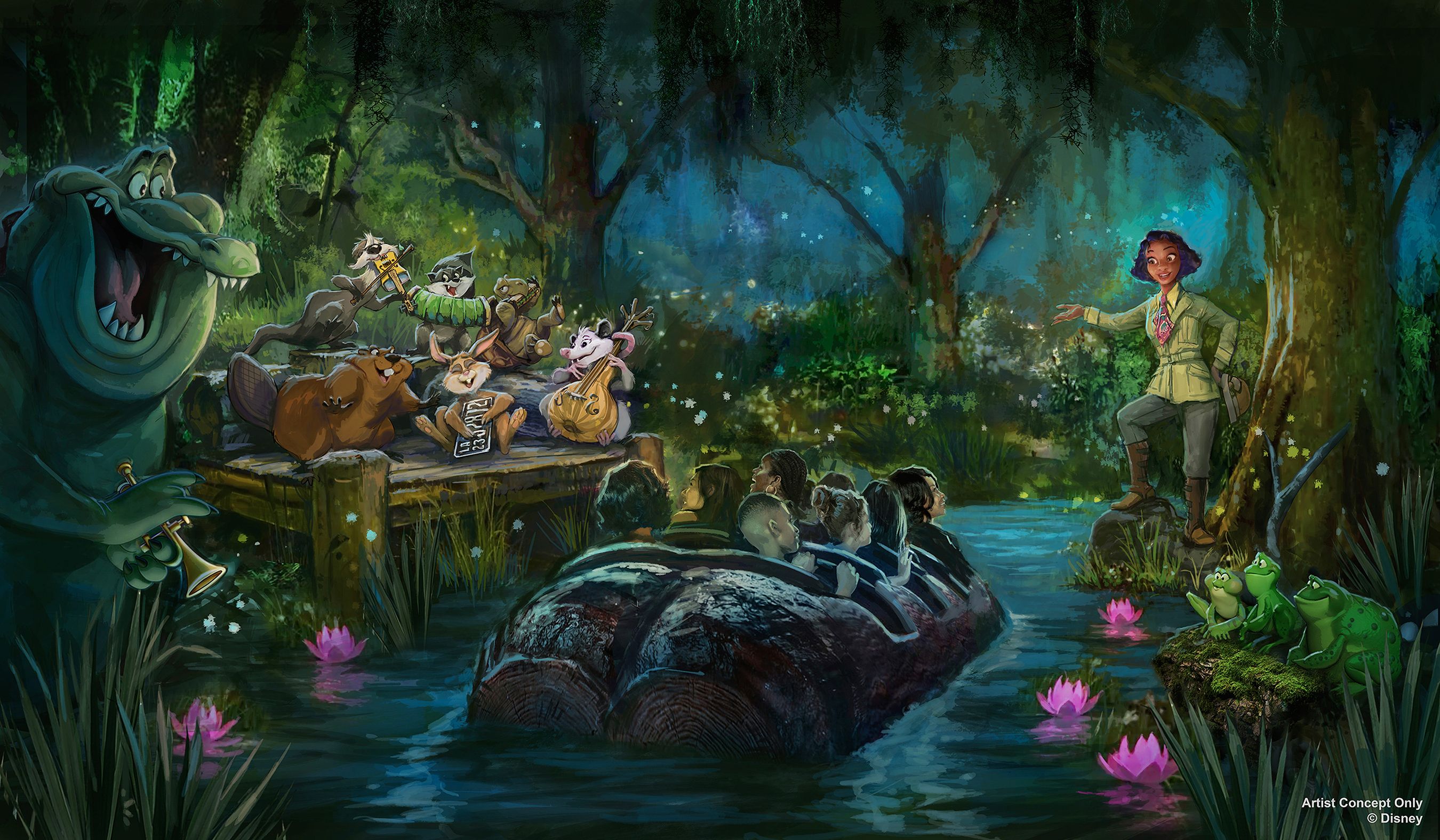 Image is a rendering of the inside of Tiana's Bayou Adventure ride with a critter band