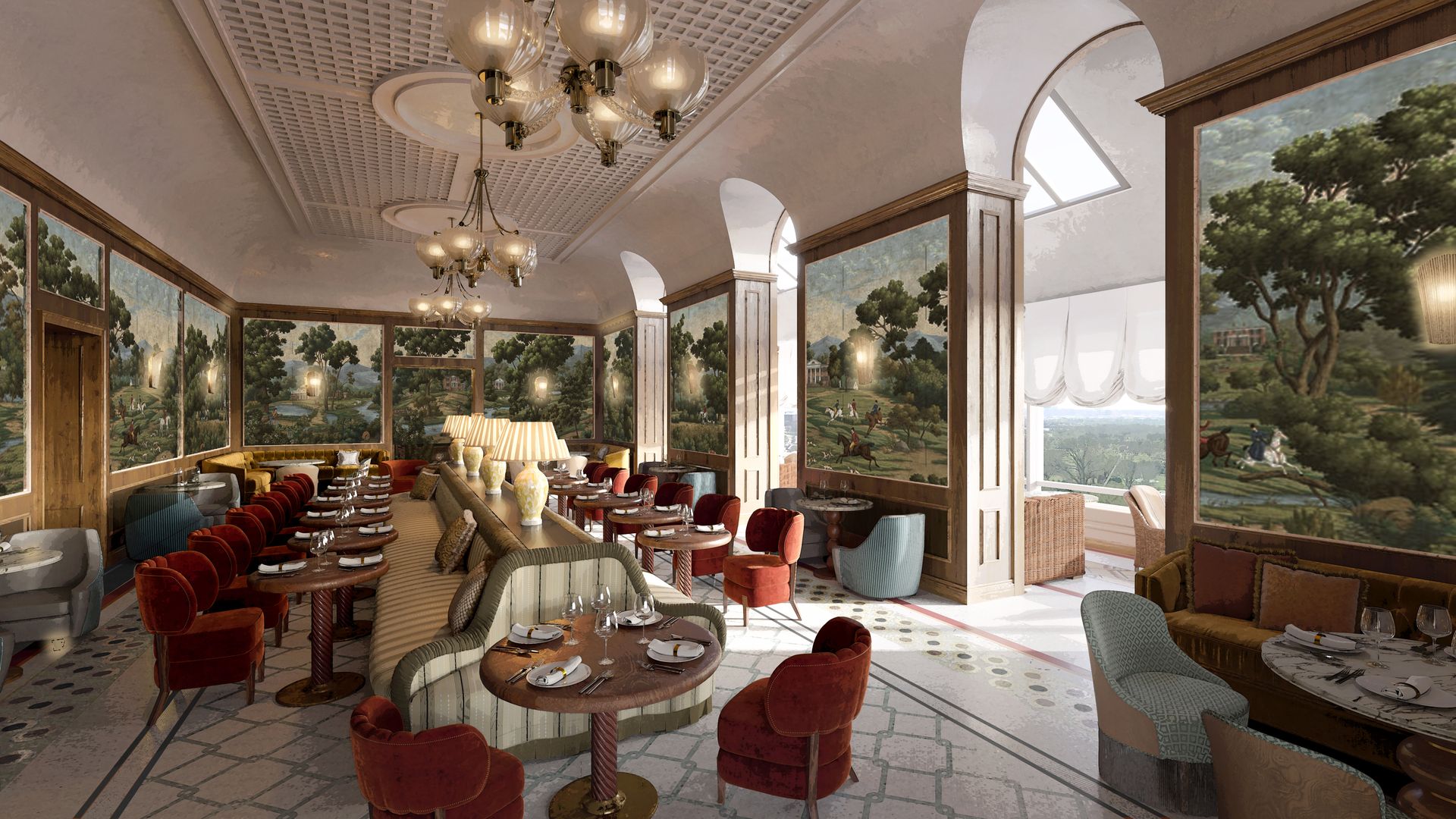 A room with walls filled with landscape paintings and high ceilings, chairs and tables