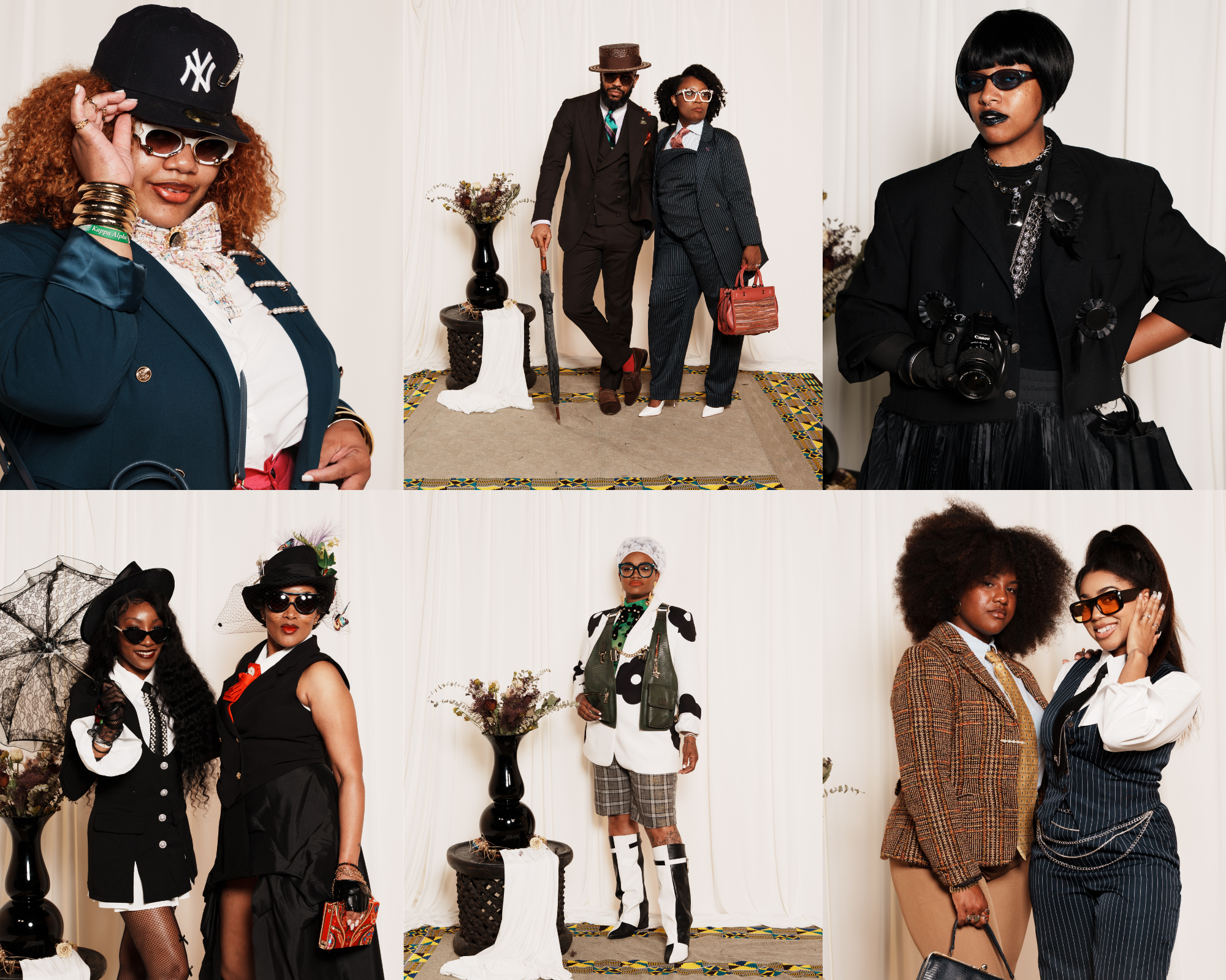Collage of six portraits featuring stylish Black individuals dressed in vibrant, unique outfits with accessories like hats, sunglasses, cameras, and purses against a white draped background.