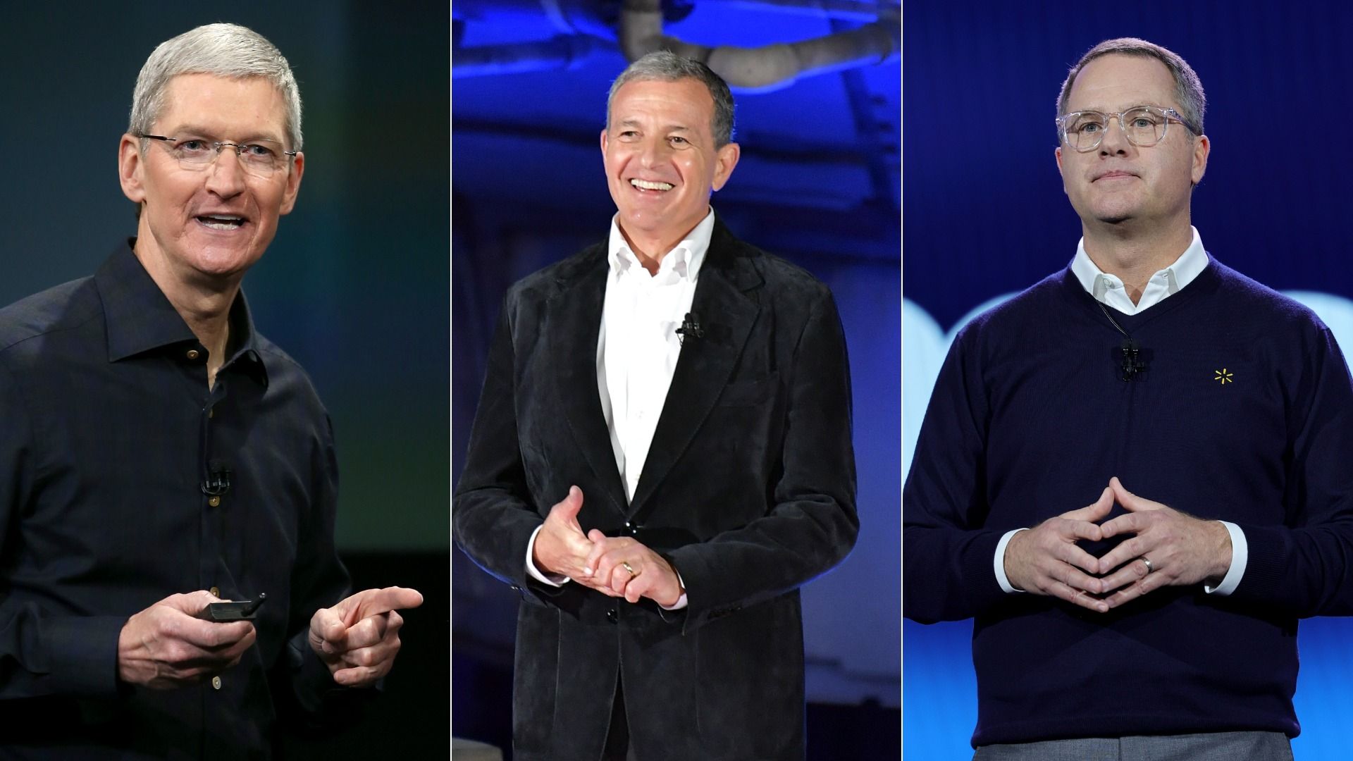 A three-panel image of Apple CEO Tim Cook, Disney CEO Bob Iger and Walmart CEO Doug McMillon.