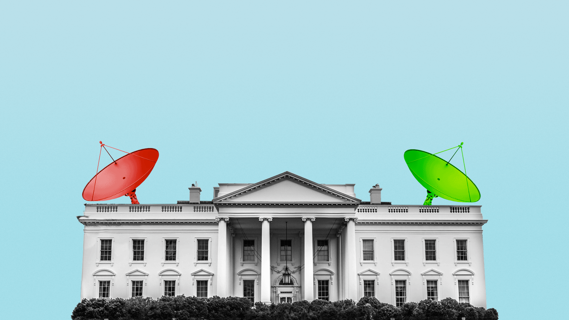 Illustration of White House with rooftop satellites on each corner in different colors