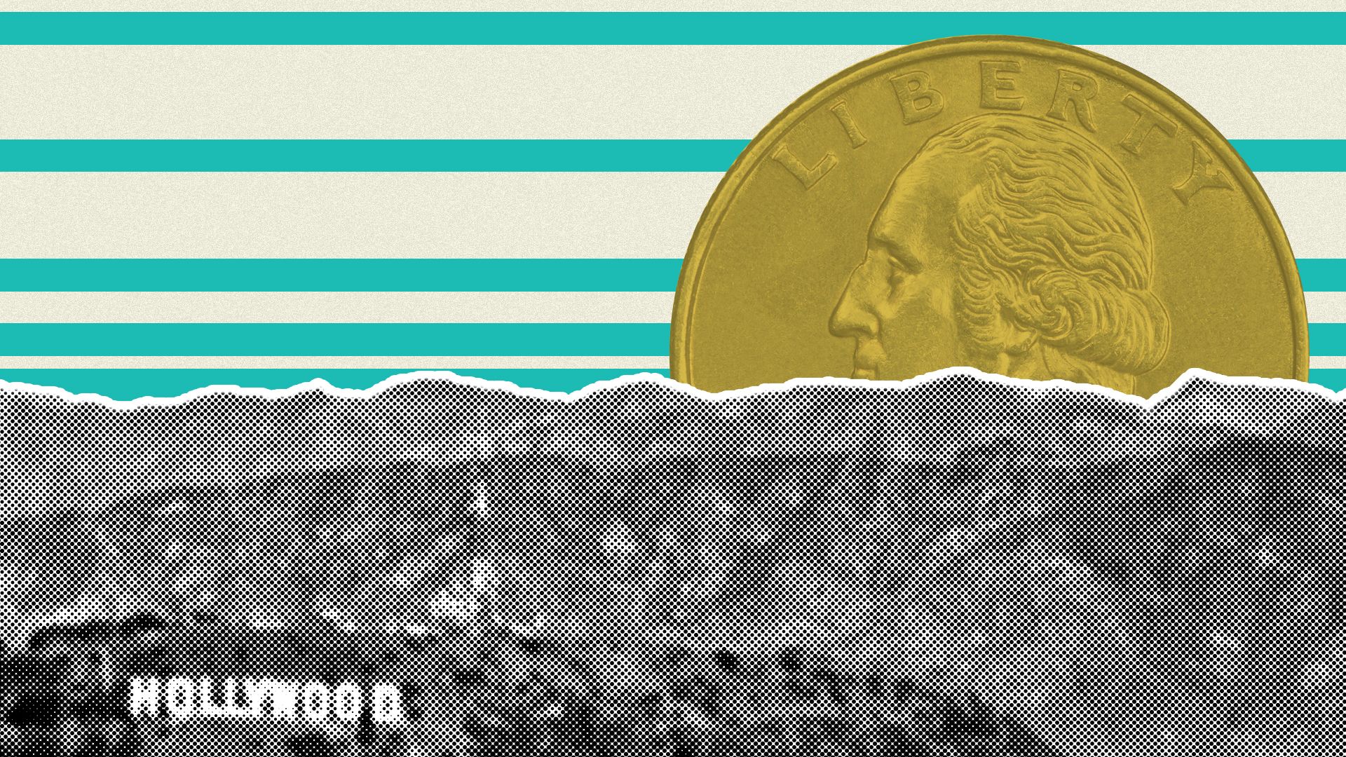 Illustration of a quarter rising like a sun over the hills of Los Angeles 