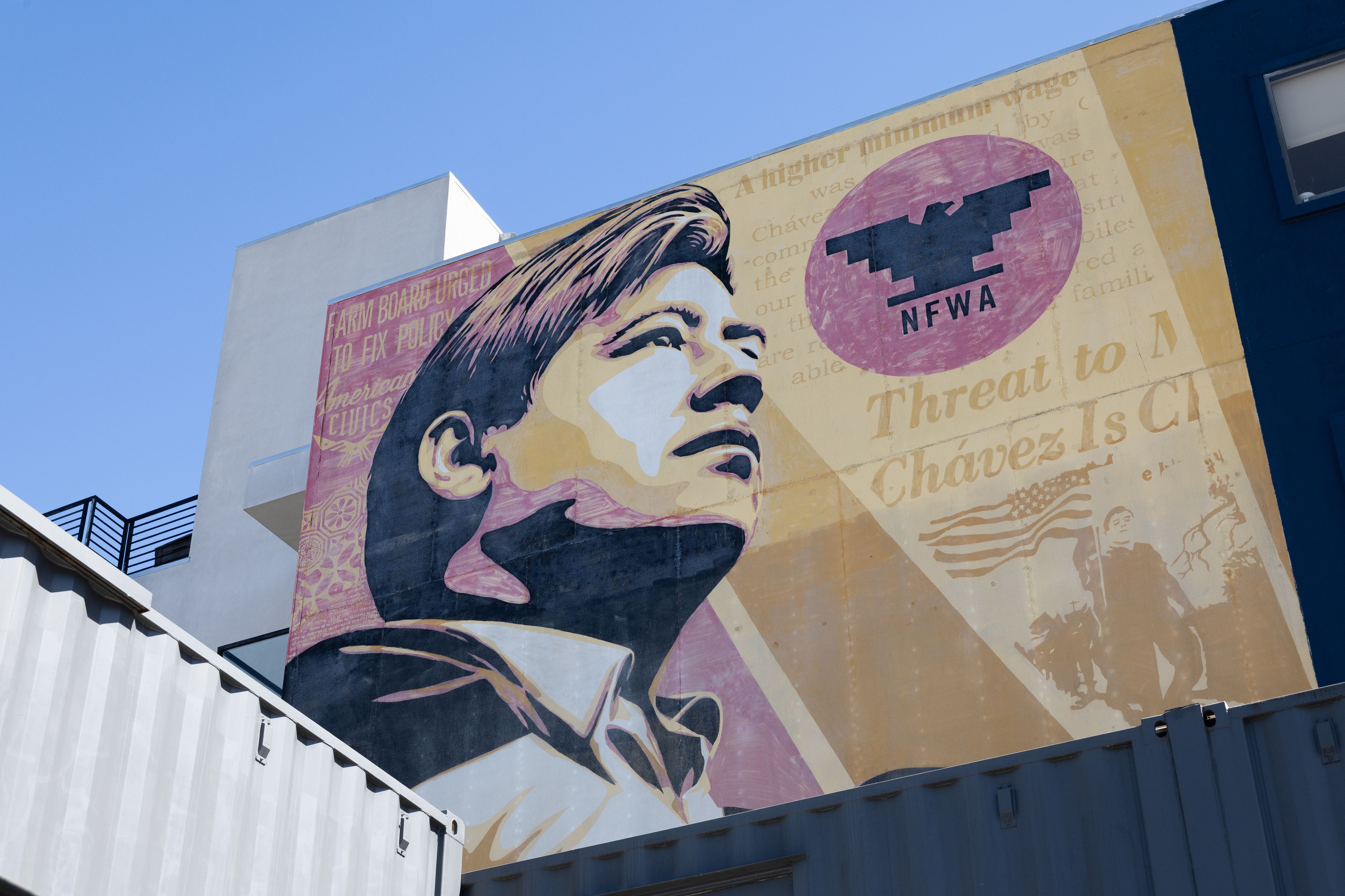 Large mural on a building depicting a stylized, upward-looking portrait of a man in tan and purple tones, with a pink NFWA circle logo and a small flag-bearing figure amid faded text.