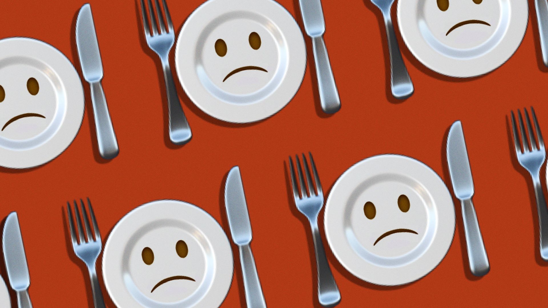 Illustration of repeating dinner plate emojis with sad faces on them.