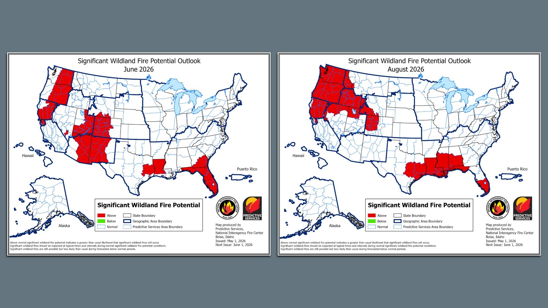 Two side-by-side US maps labeled "Significant Wildland Fire Potential Outlook," June 2026 (left) and August 2026 (right). Red areas indicate above-normal wildfire potential, mainly in the western U.S.; legend and logos visible.