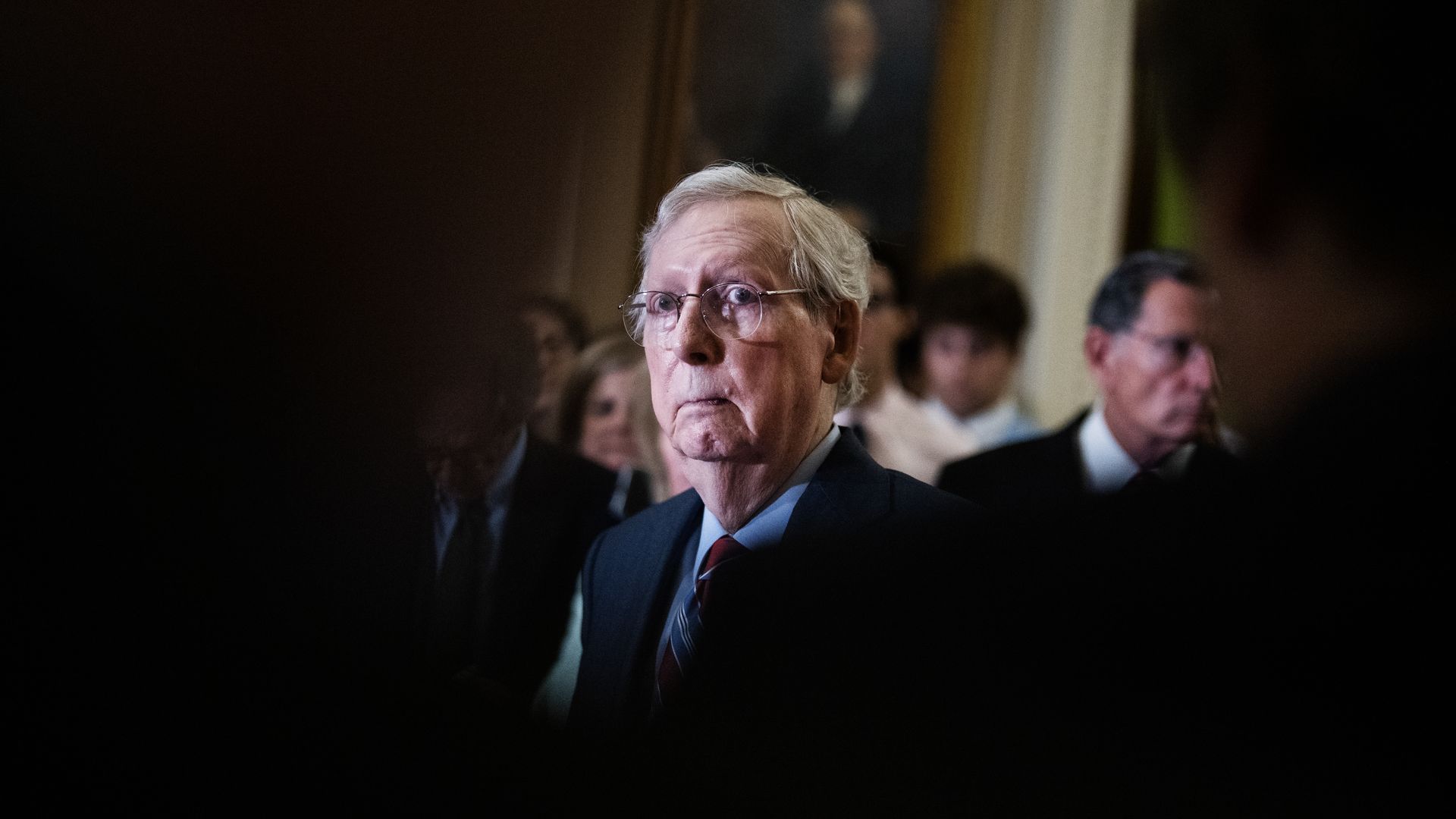 Senate Minority Leader Mitch McConnell takes questions from reporters at a news conference in which he froze midsentence for about 20 seconds.