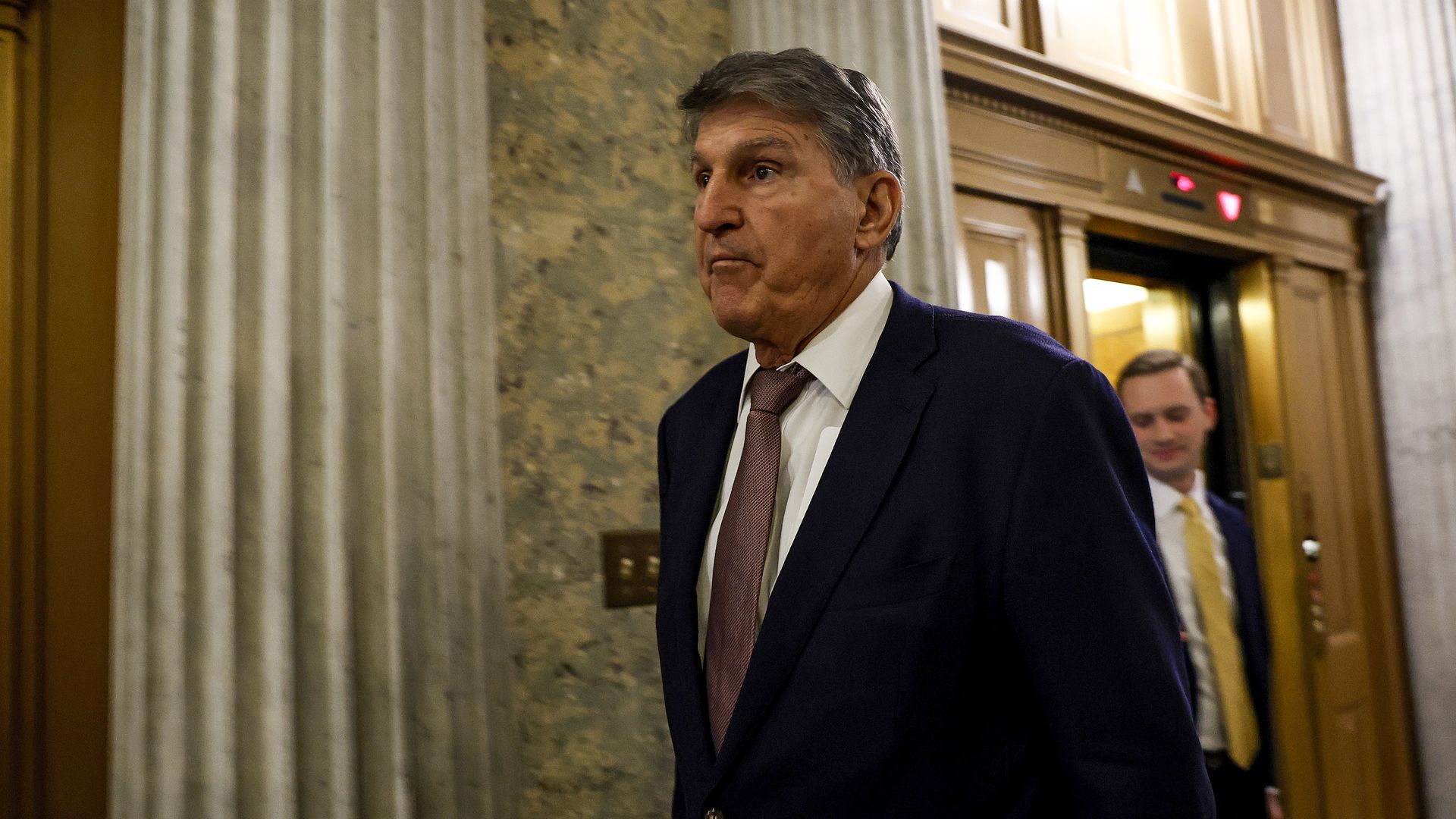  Sen. Joe Manchin (D-WV) walks to the Senate Chambers during a vote on a continuing resolution to fund the government on September 30, 2023 in Washington, DC.