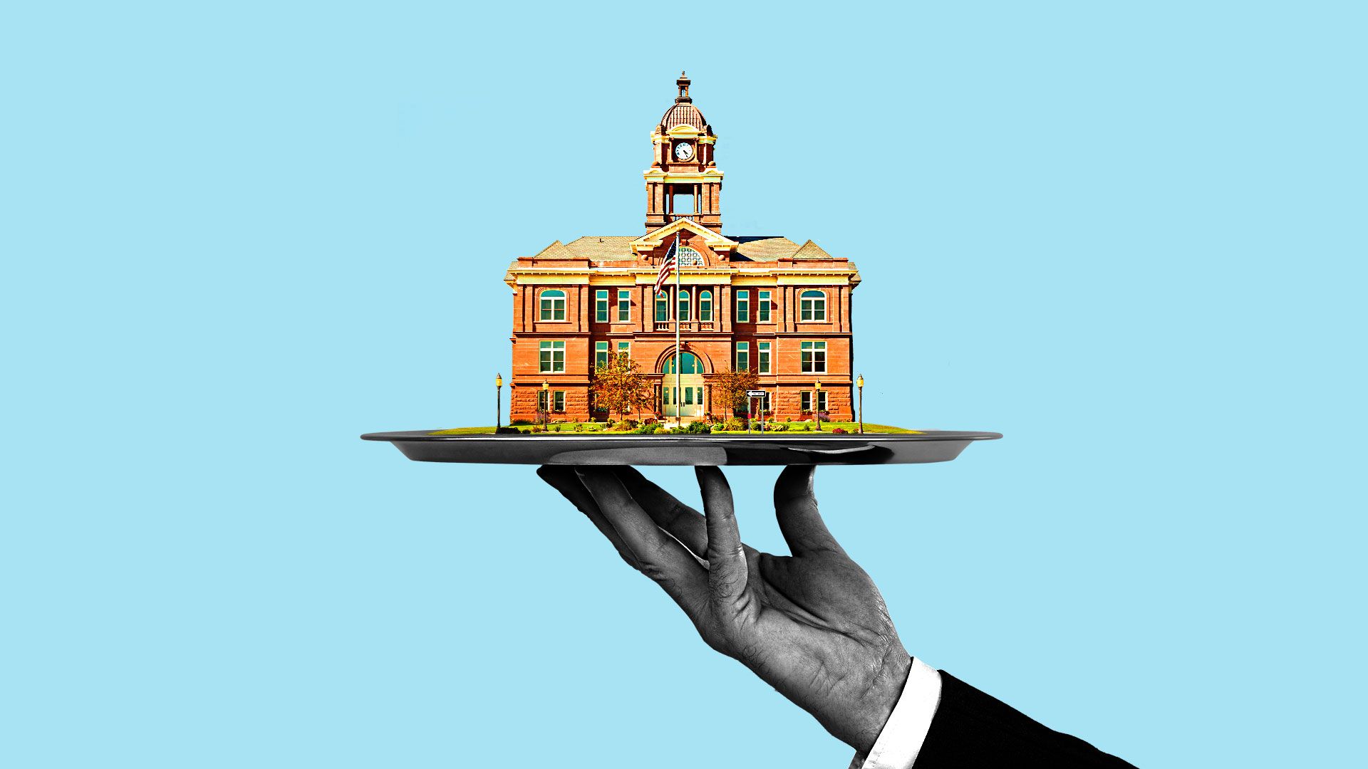 Illustration of a businessman offering a small town hall on a platter