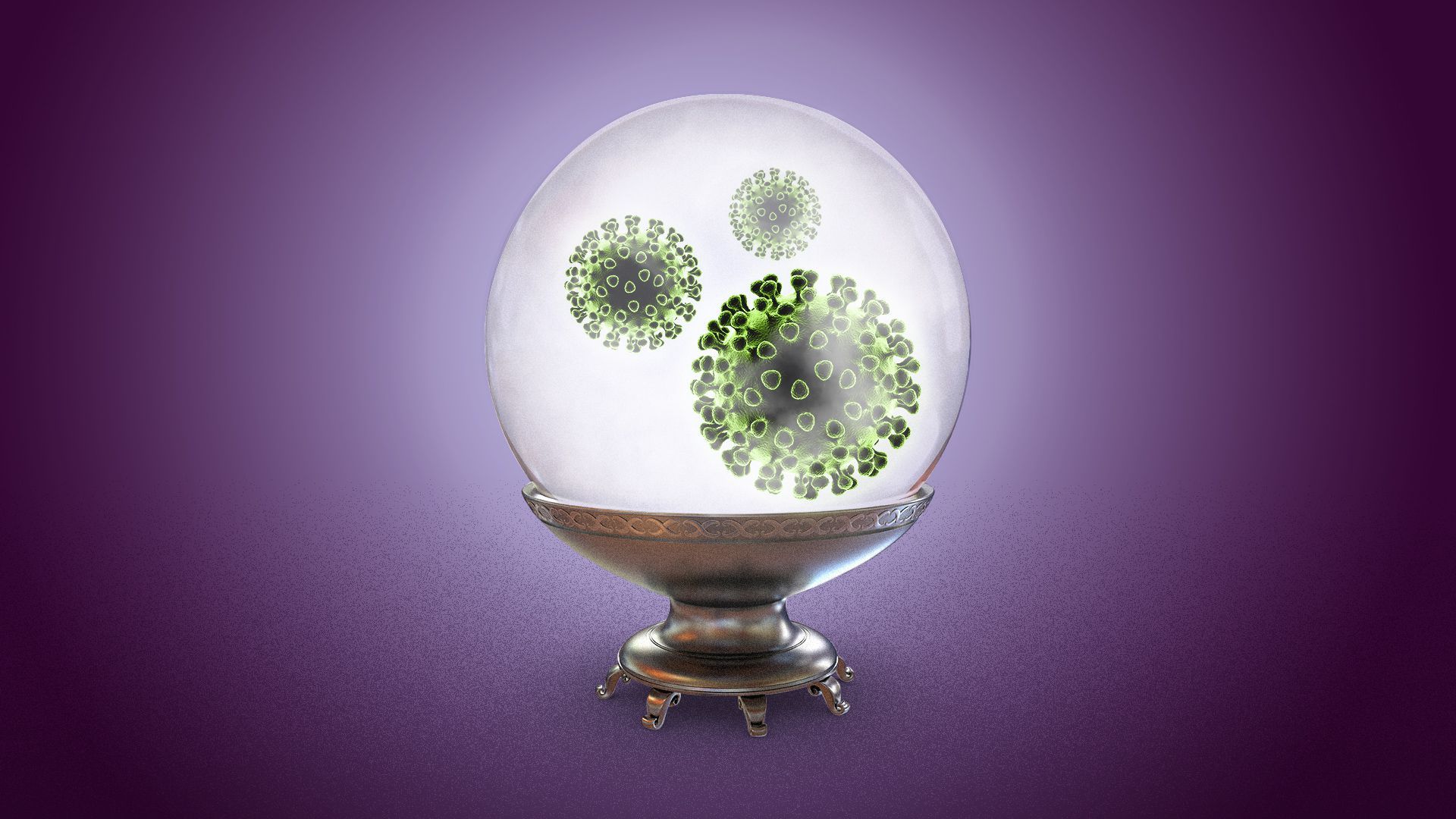Illustration of a crystal ball with virus cells floating around the inside.