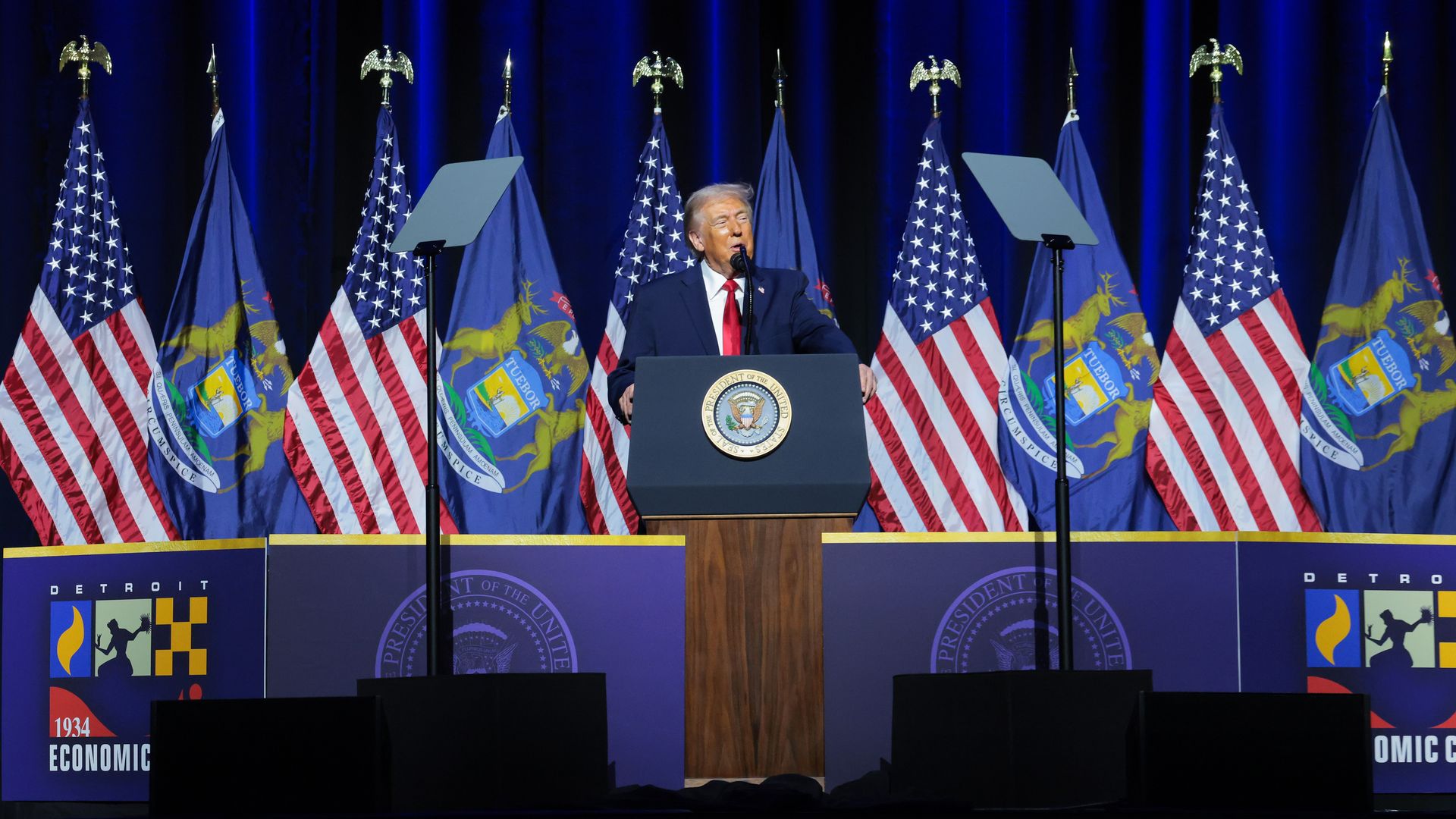 President Trump addresses the Detroit Economic Club at the MotorCity Casino Hotel. 