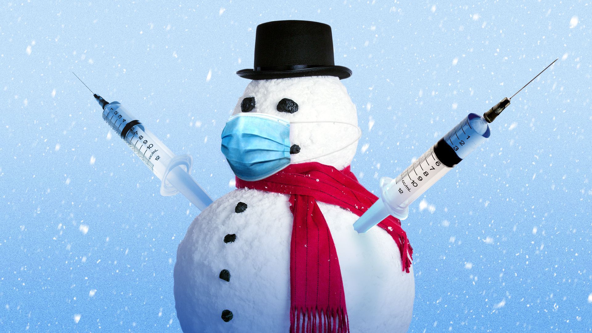 Illustration of a snowman wearing a mask and with arms made from syringes