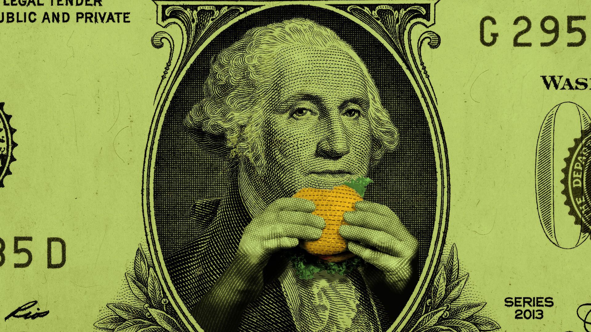 Illustration of George Washington on a one dollar bill holding a cheeseburger