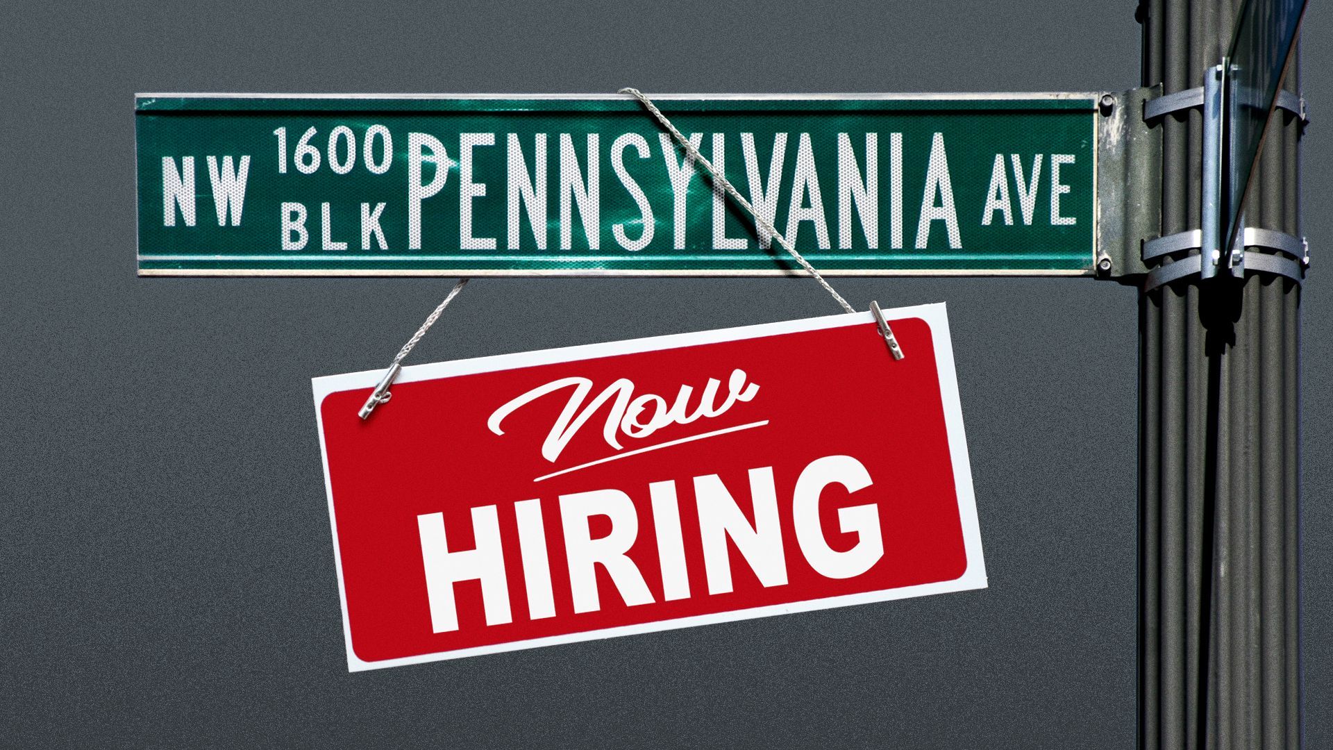 Illustration of a "Now Hiring" sign hanging from the street sign for Pennsylvania Avenue. 
