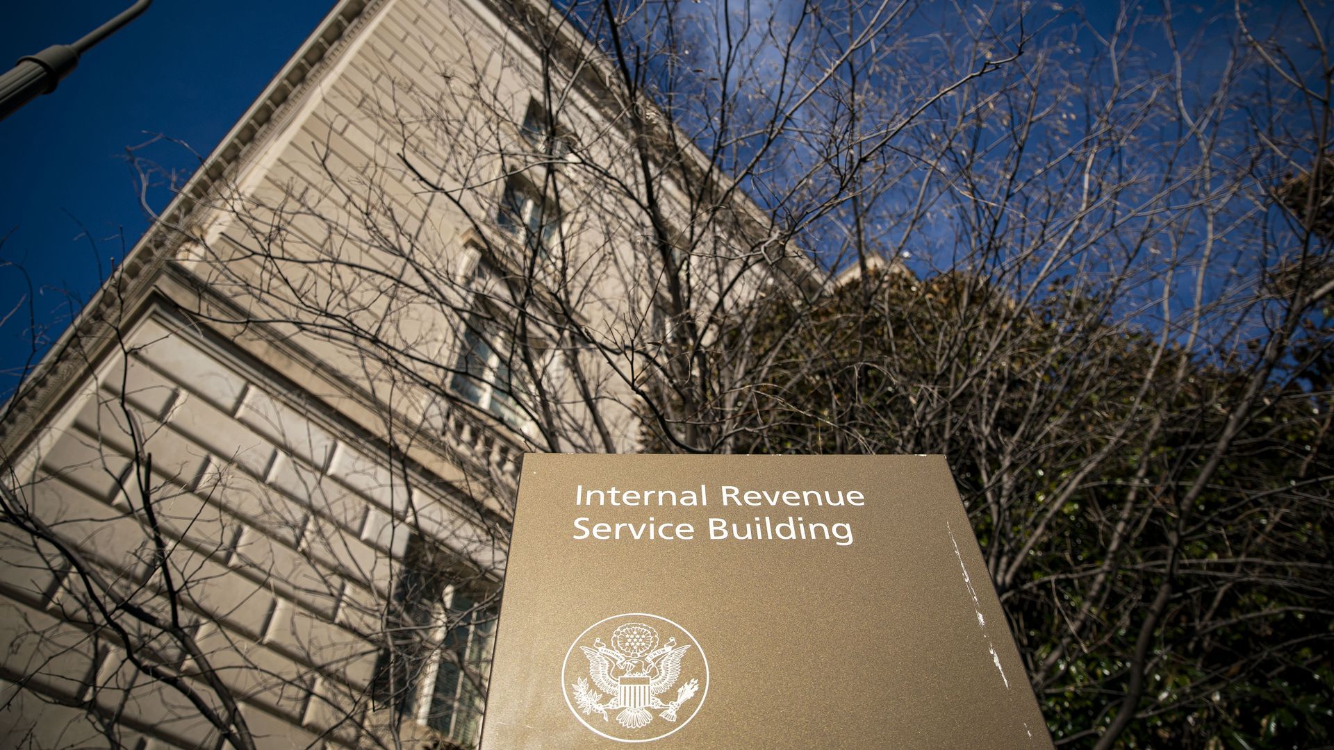 Sign outside building that says Internal Revenue Service Building