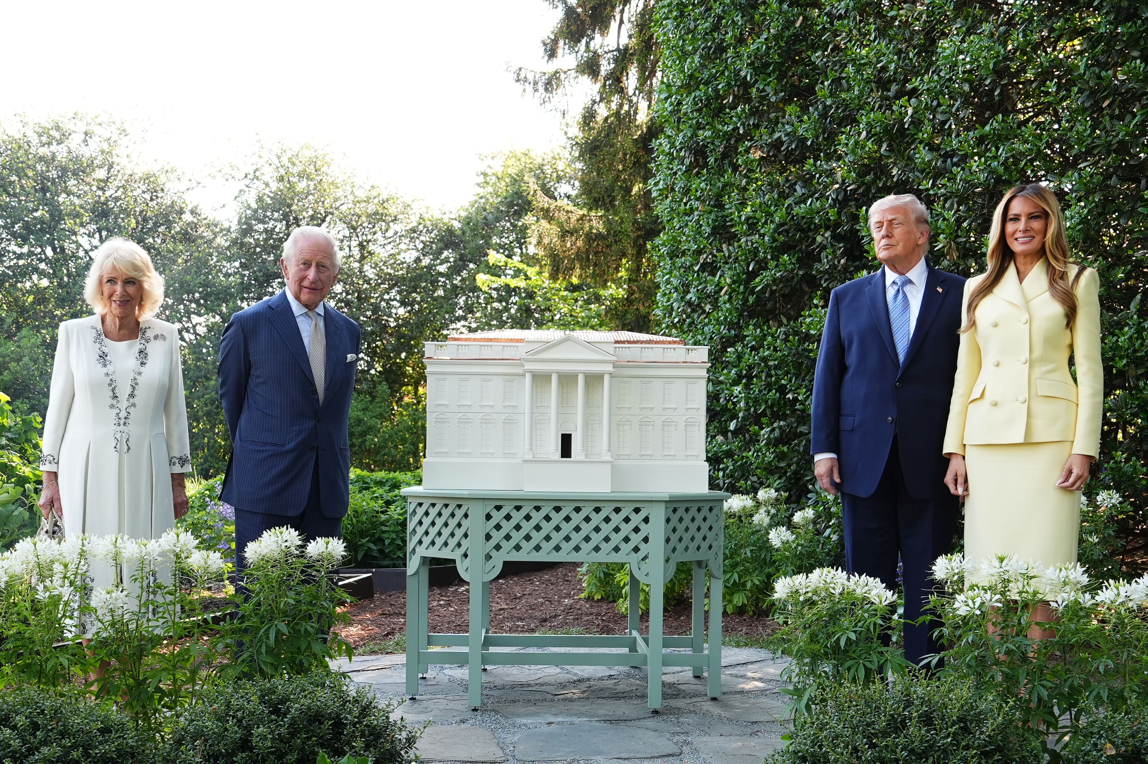 Queen Camilla, King Charles III, President Trump and First Lady Melania Trump visit the new beehive on the South Lawn.