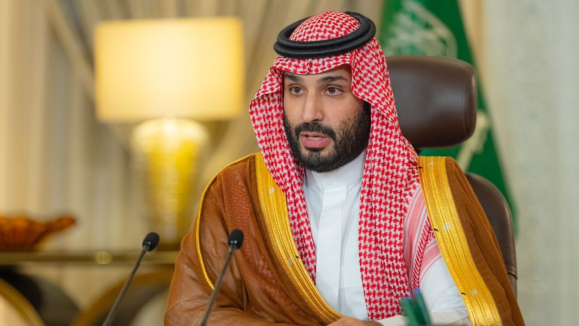 Saudi Crown Prince Mohammed bin Salman attends the opening of the Saudi Green Initiative Forum, via video link, in Riyadh, Saudi Arabia on October 23