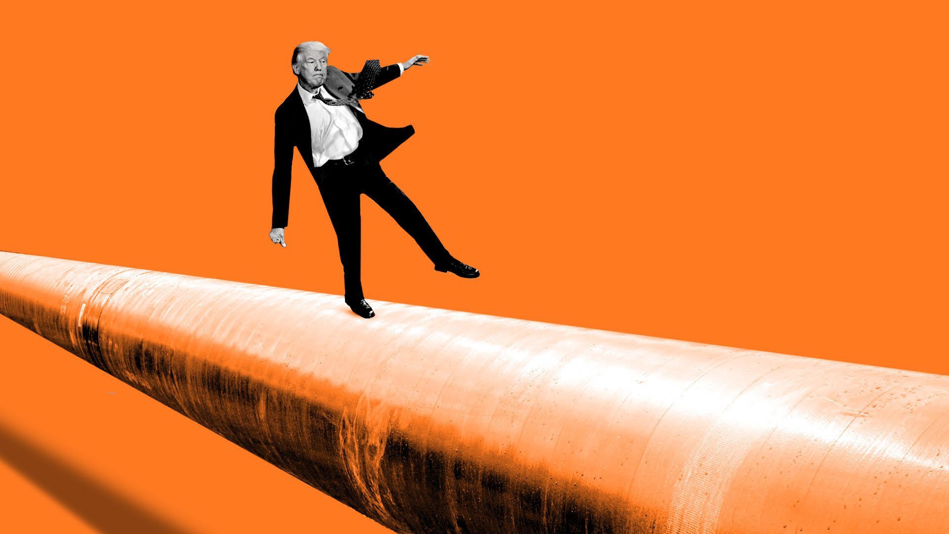 illustration of donald trump balancing on a natural gas pipeline