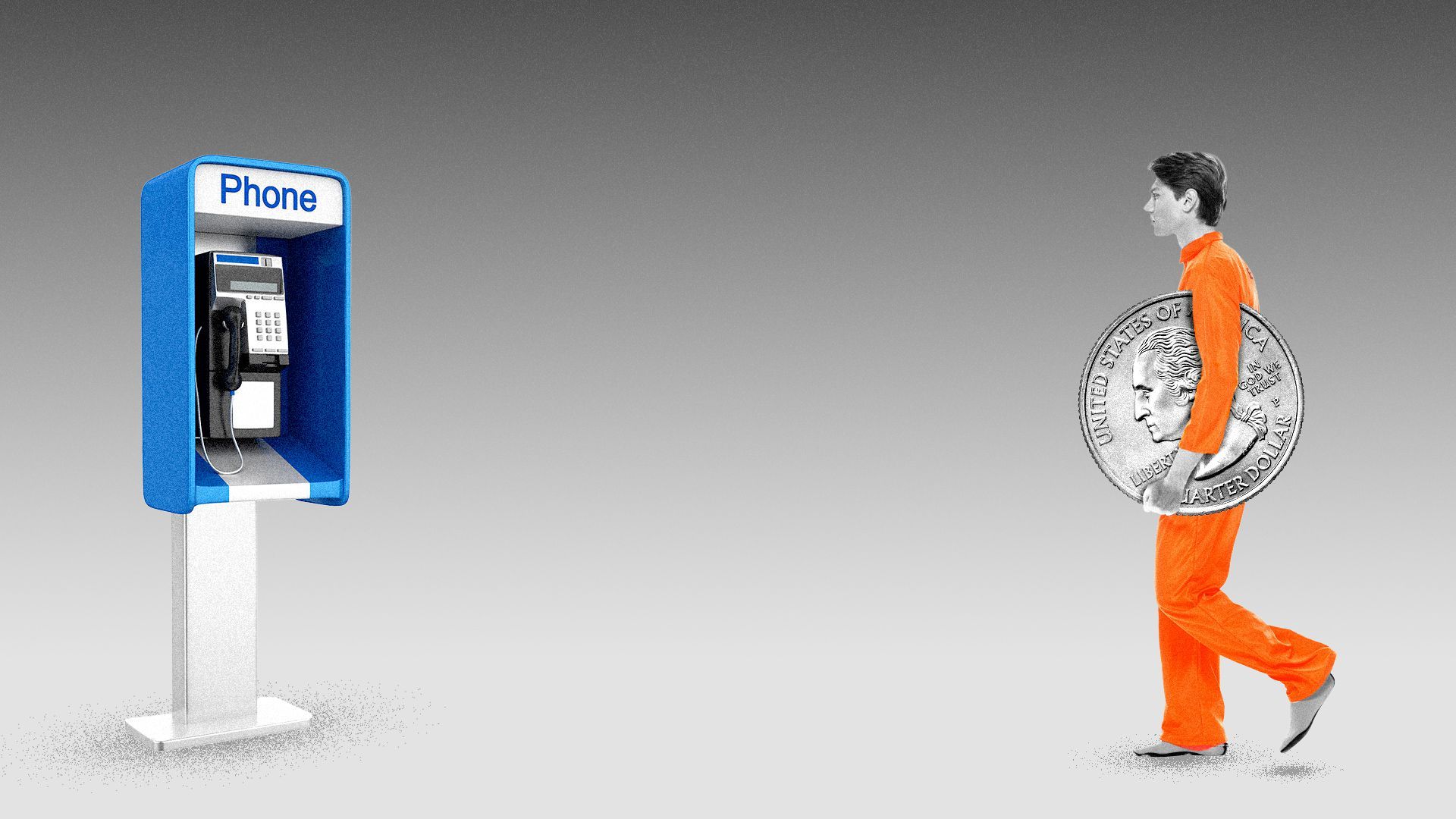 Illustration of a prisoner carrying a giant quarter to a payphone.
