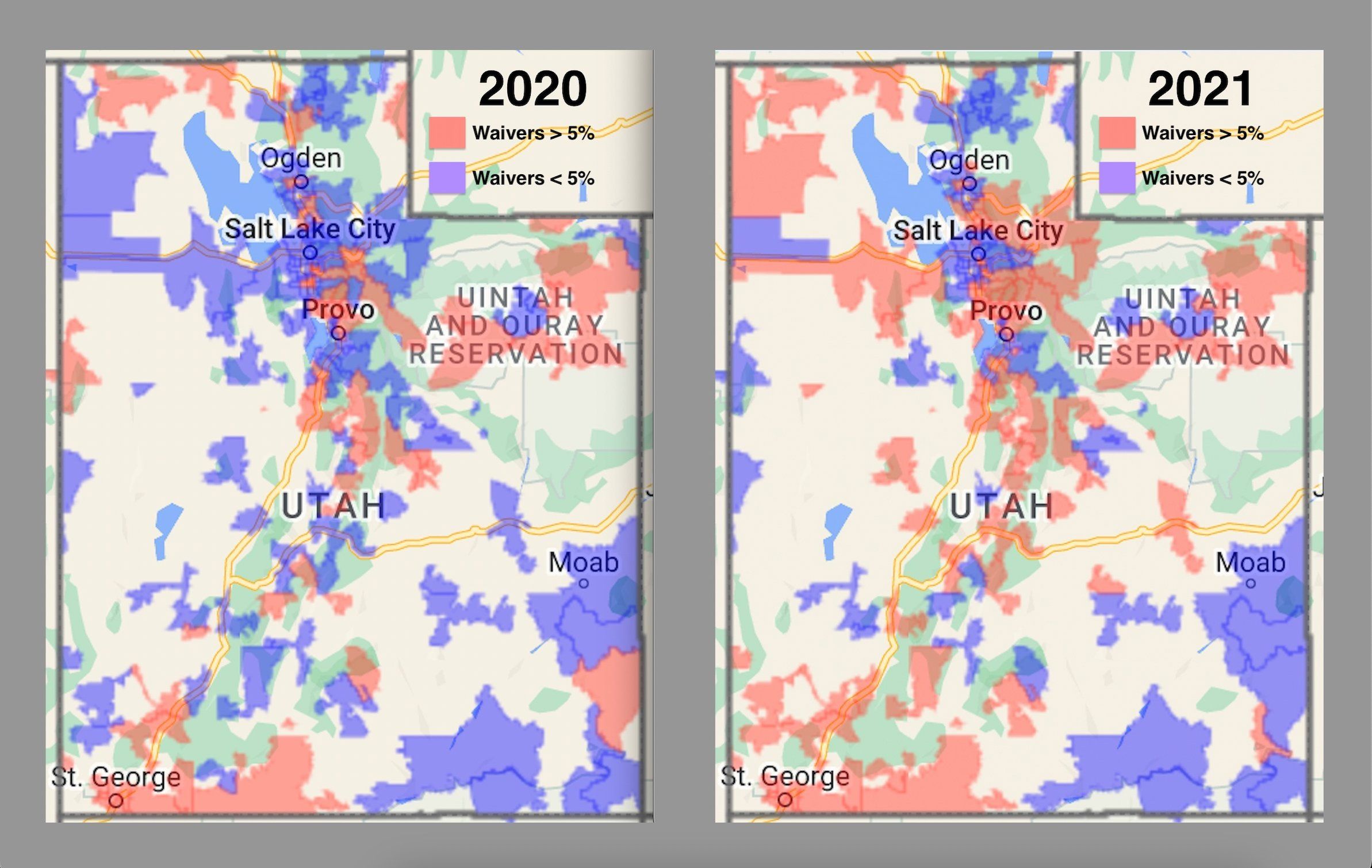 Maps show the growing number of Utah zip codes where more than 5% of kindergarteners have vaccine waivers.