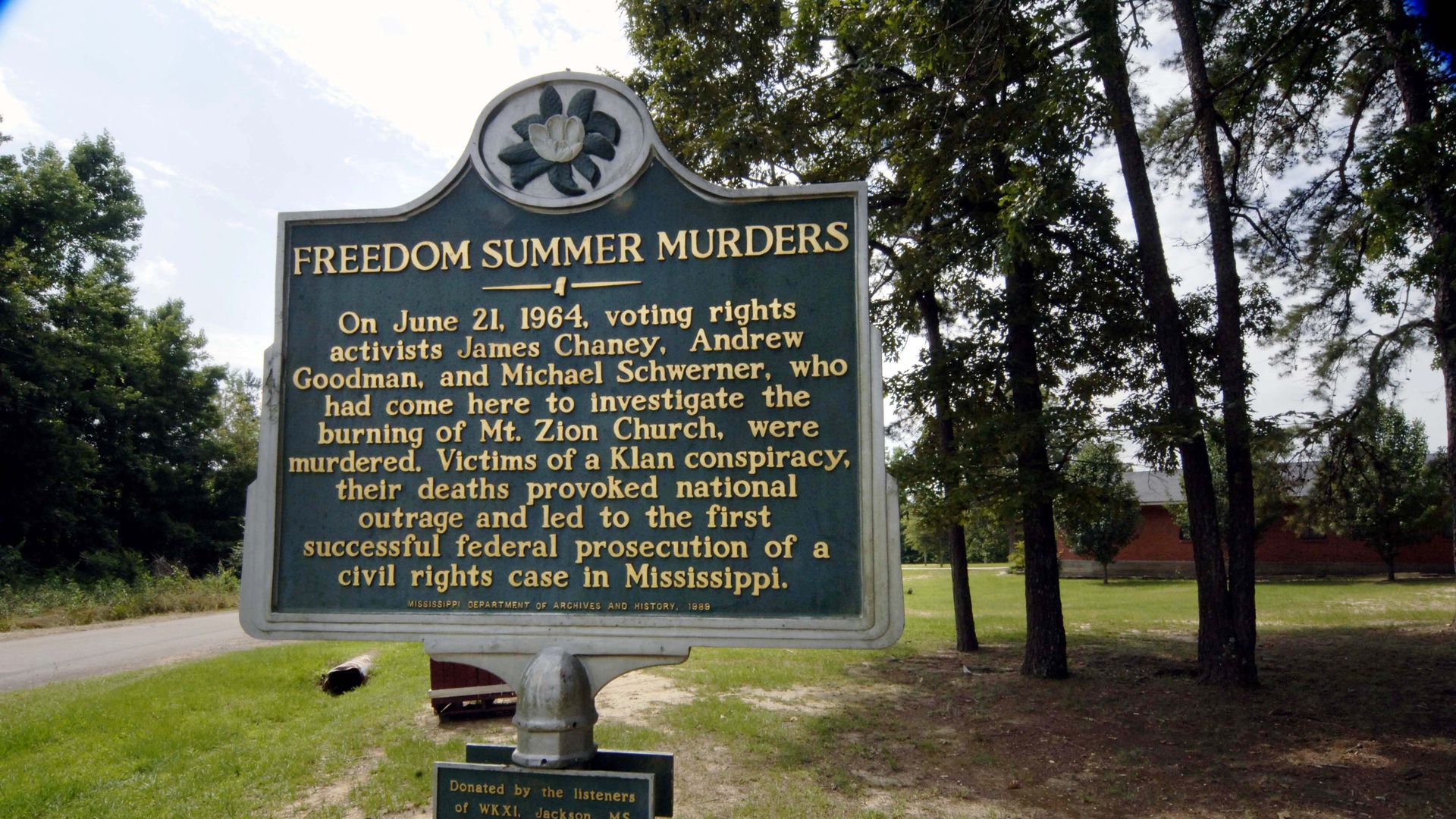  A historical marker serves as a reminder of the 1964 Civil Rights-era murders of three men, James Chaney, Michael Schwerner and Andrew Goodman in Philadelphia, Mississippi. 