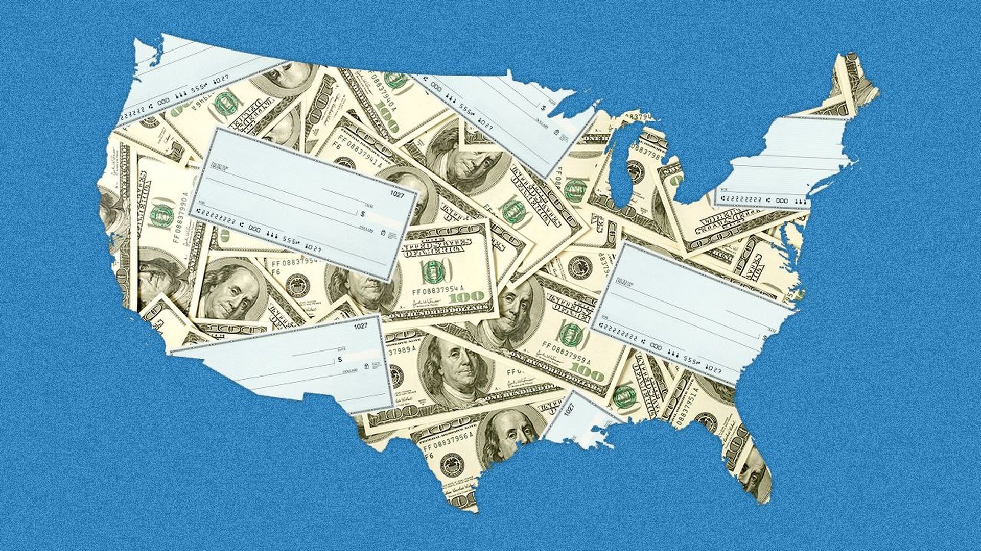 Illustration of a US map with a money and check pattern over it