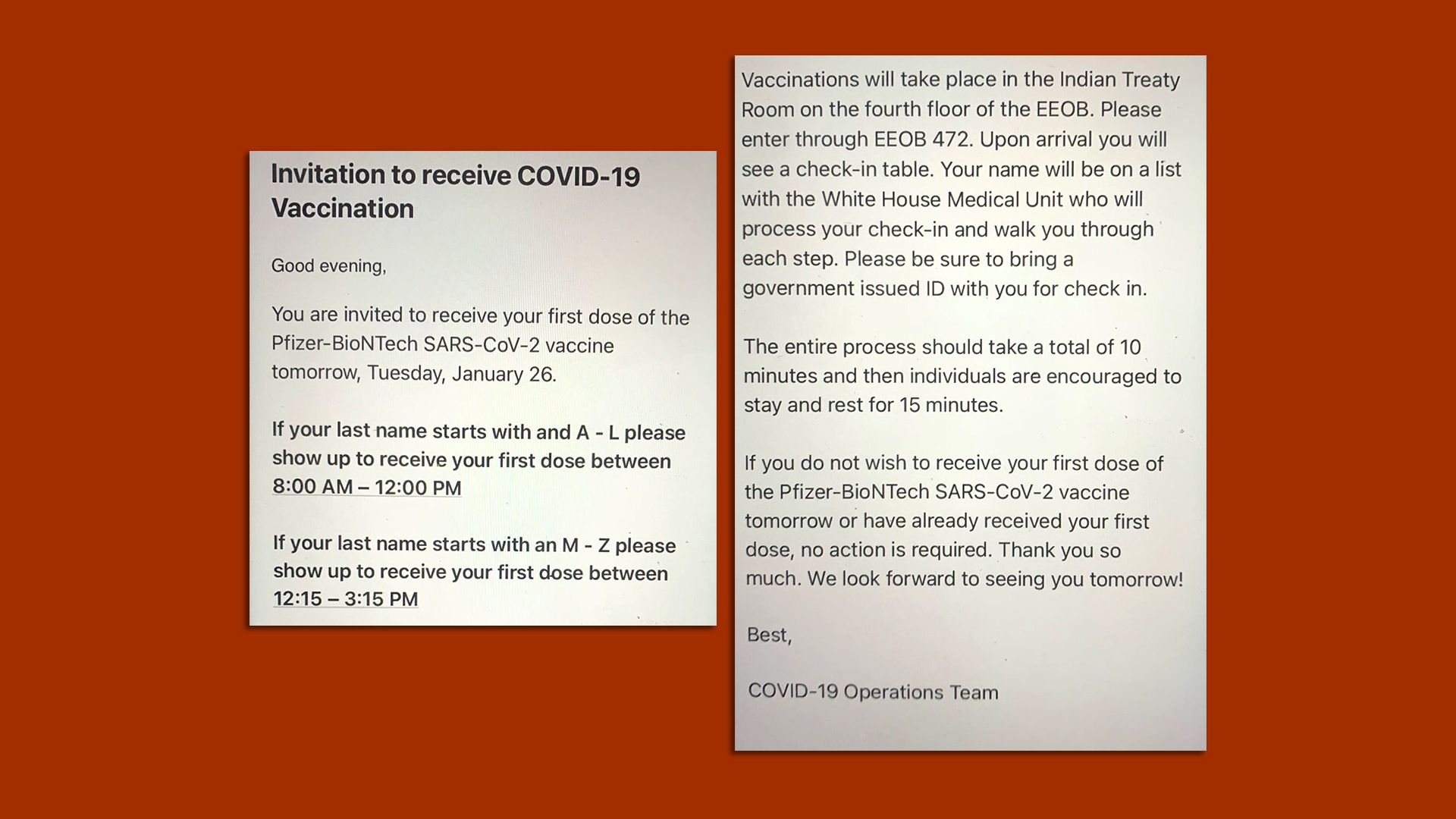 Screenshots of an email inviting White House staff to receive the COVID-19 vaccine