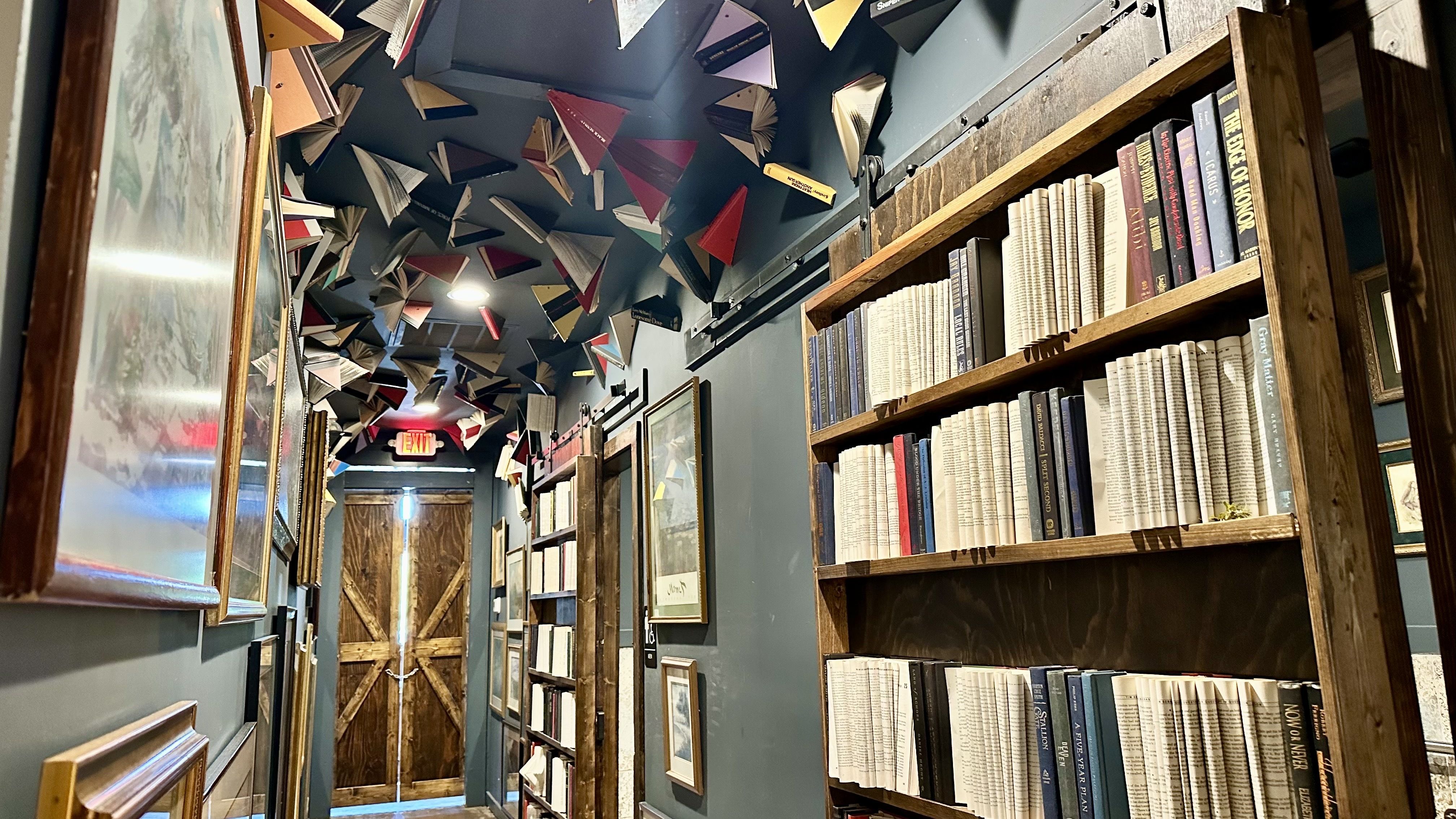 Books hanging from the ceiling and walls 