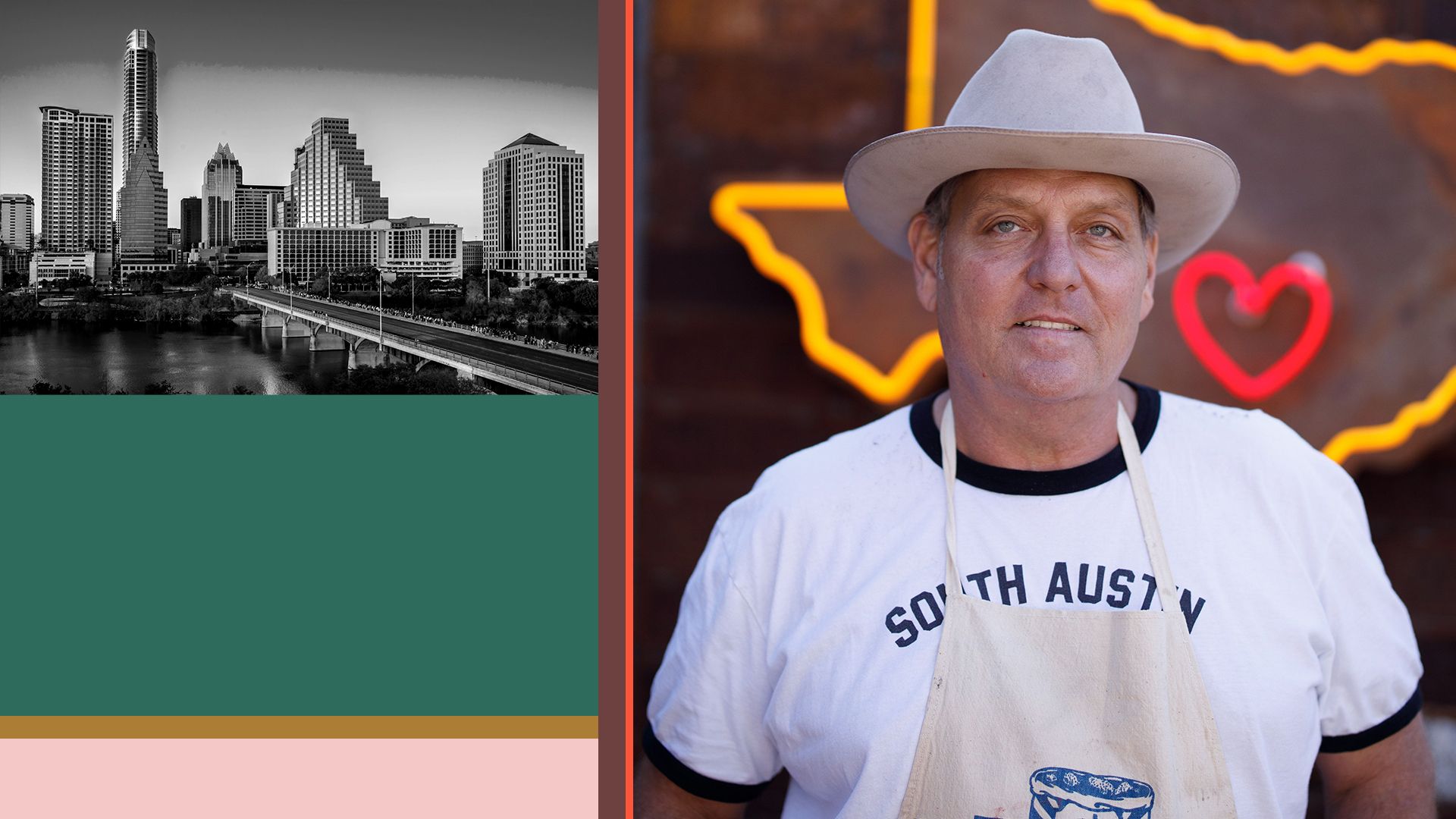 Photo illustration of Todd Sanders next to a photo of the Austin skyline and colorful rectangles.