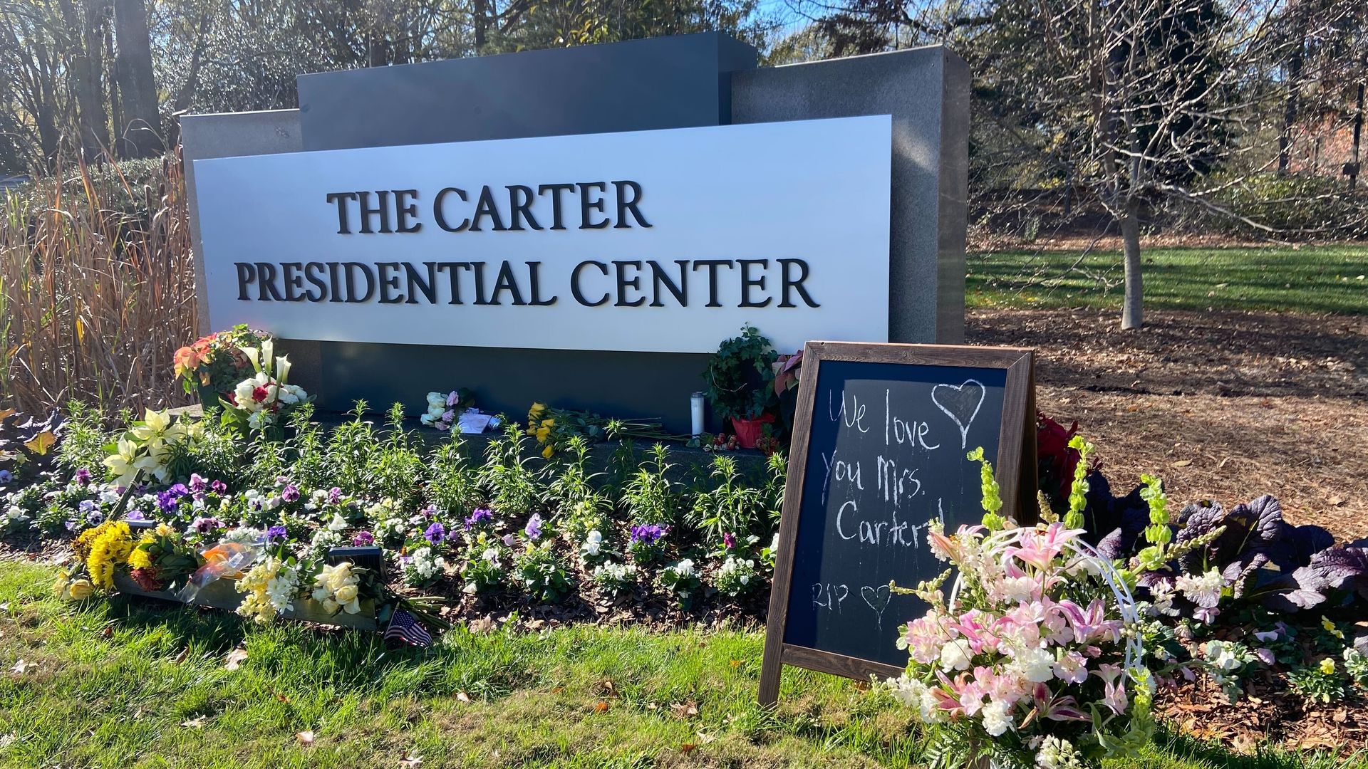 A tribute to former first lady Rosalynn Carter outside of the The Carter Presidential Center.
