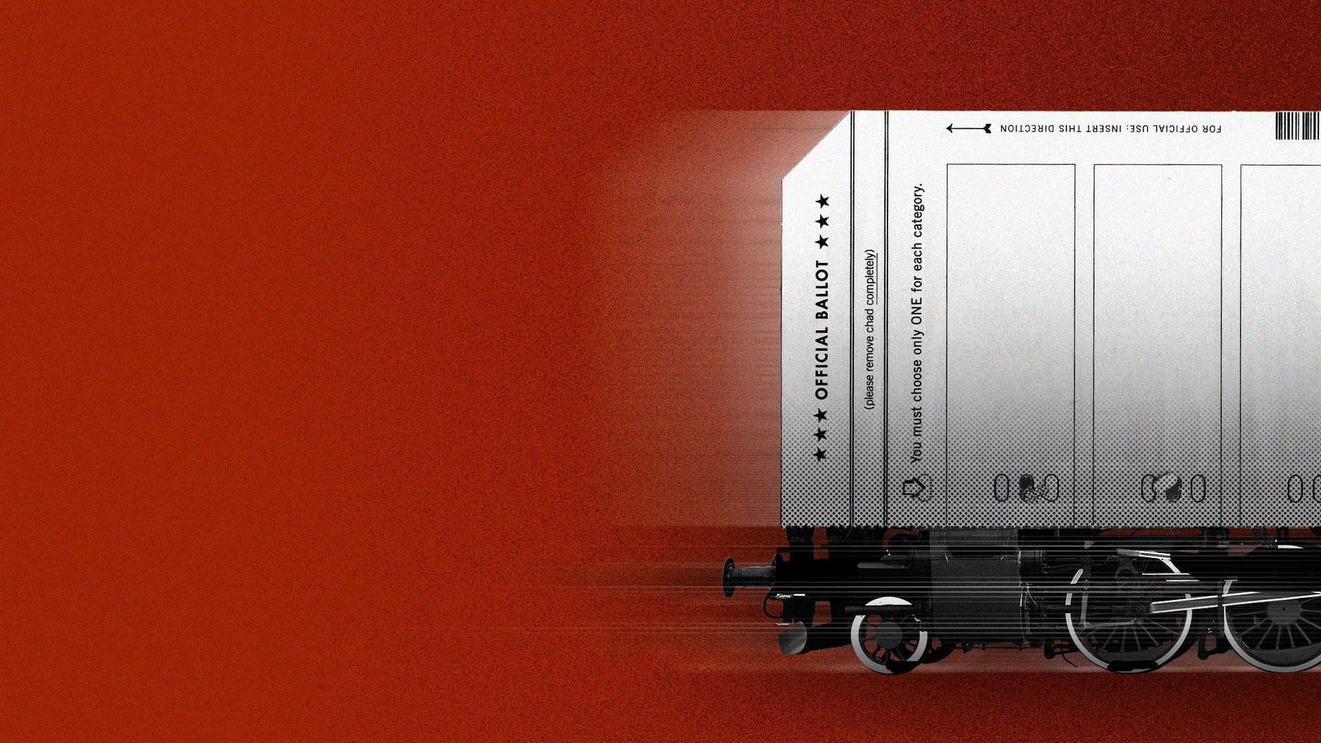 Illustration of a train made up of a ballot driving away, with a motion blur behind it.