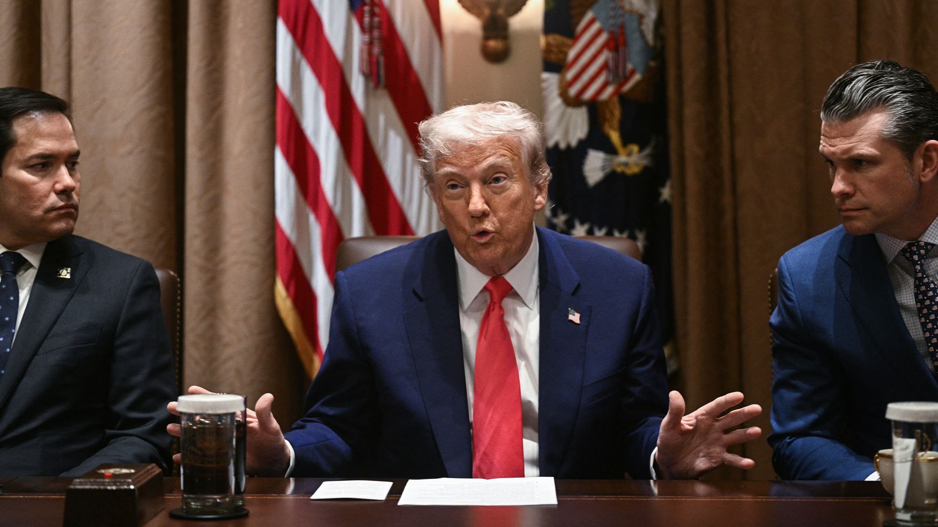 President Trump, alongside Secretary of State Marco Rubio and Secretary of Defense Pete Hegseth (R), speaks during a cabinet meeting