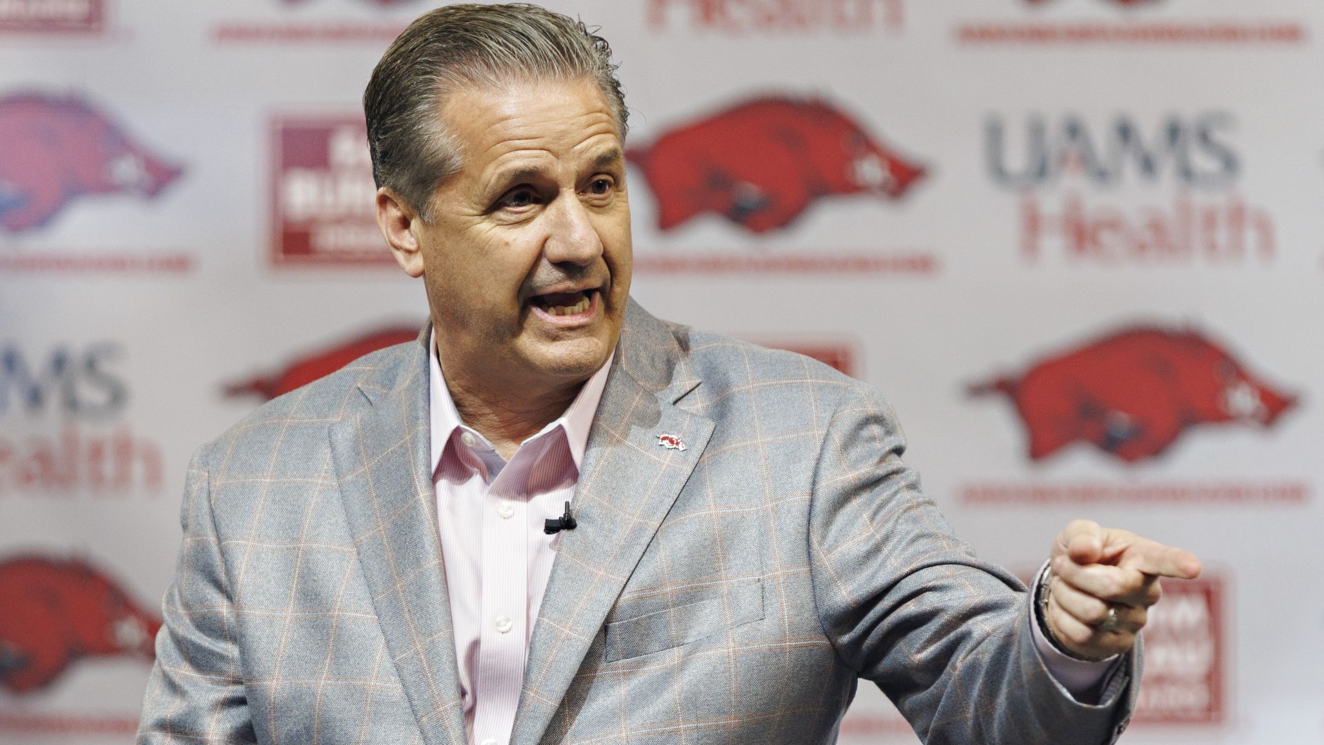 ohn Calipari is introduced as the new basketball Head Coach of the Arkansas Razorbacks at Bud Walton Arena on April 10, 2024 in Fayetteville, Arkansas. (Photo by Wesley Hitt/Getty Images)